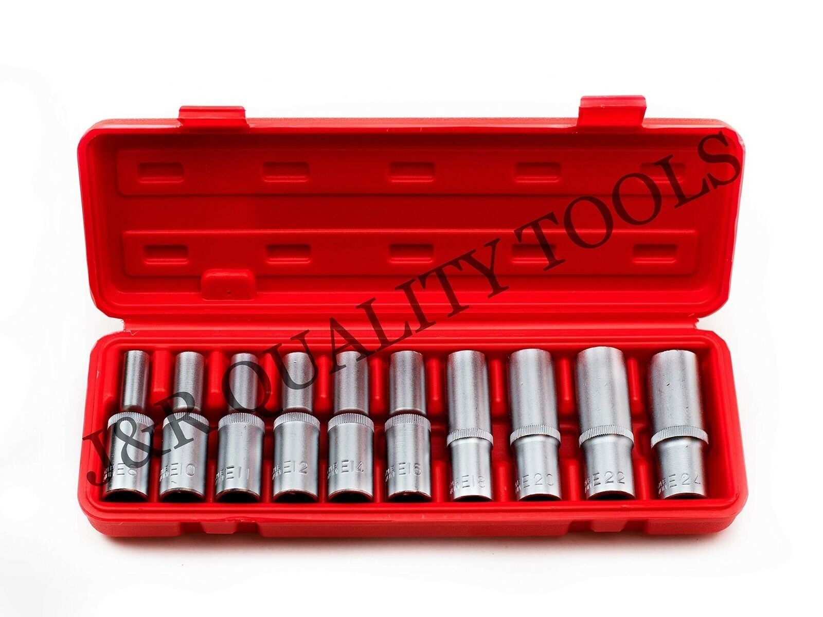 10pc 1/2" DR Female E Star Deep Socket Torx Auto Tool E8-E24 With Socket Holder