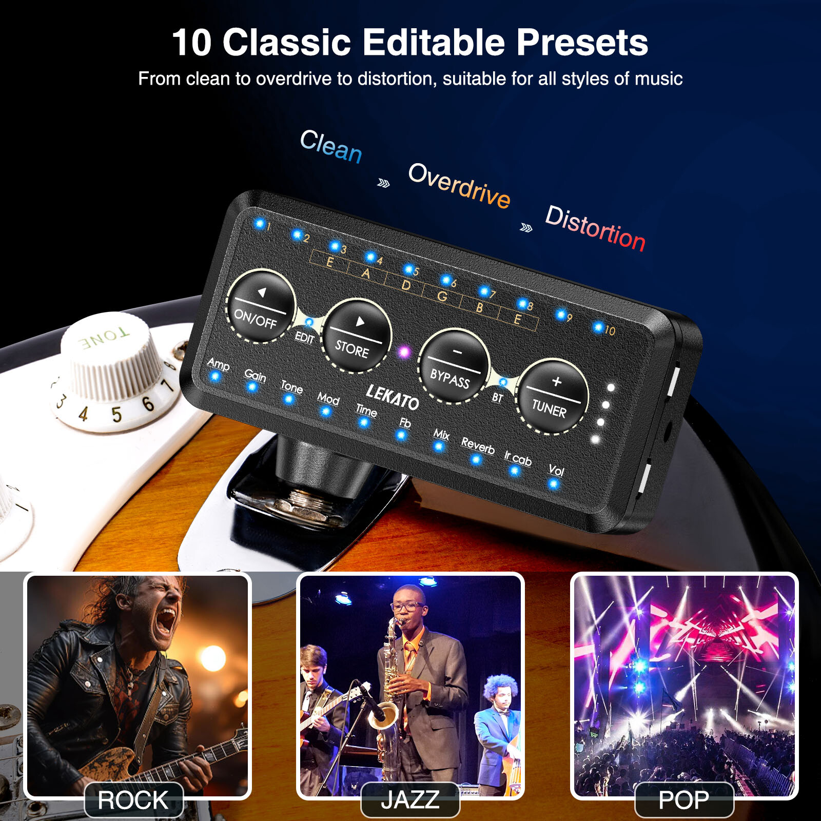 LEKATO Guitar Headphone Amp Rechargeable Multi Effects Mini Practice Amplifier