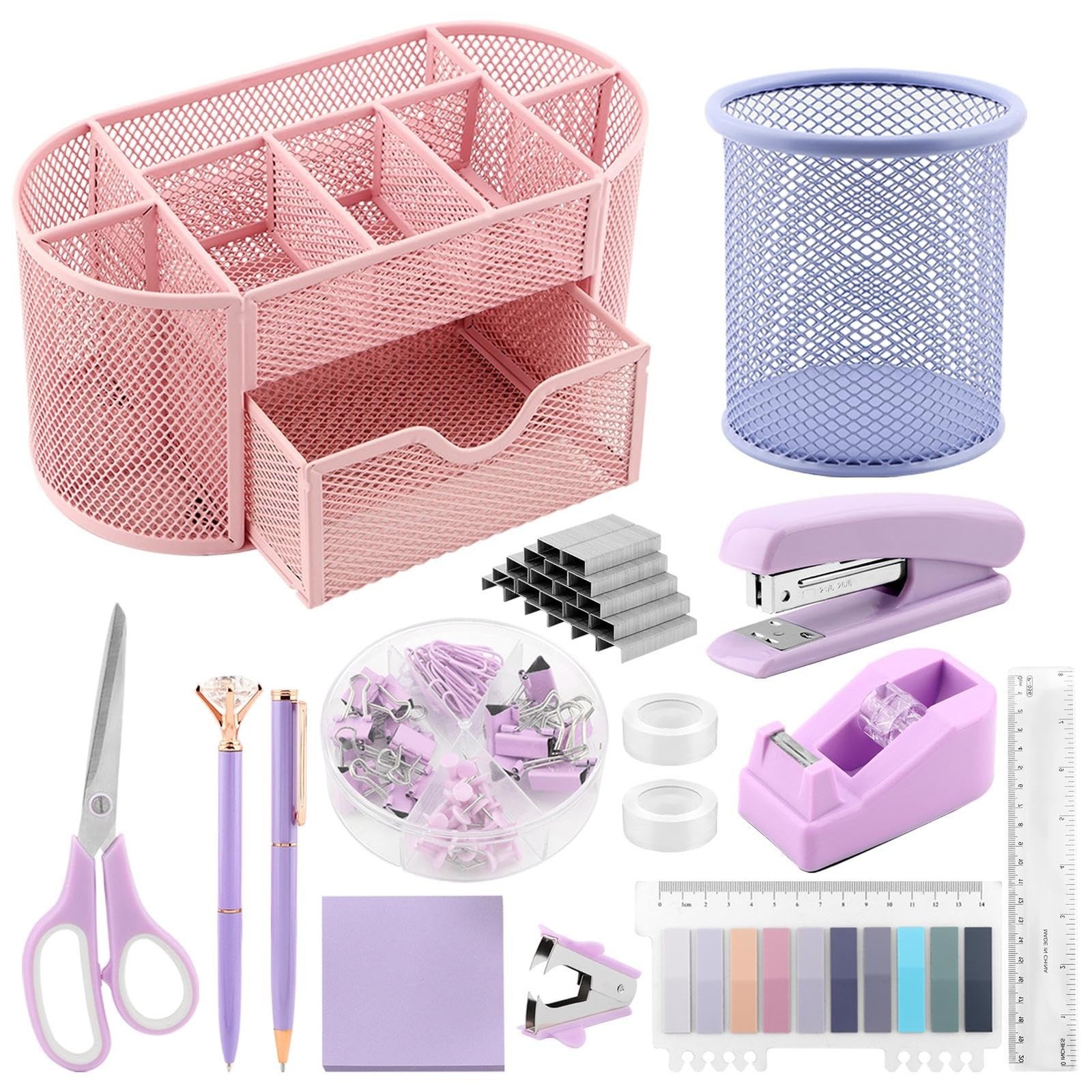 Office Supplies Set Mesh Desk Organizer Accessories Kit Include Stapler Tape,...