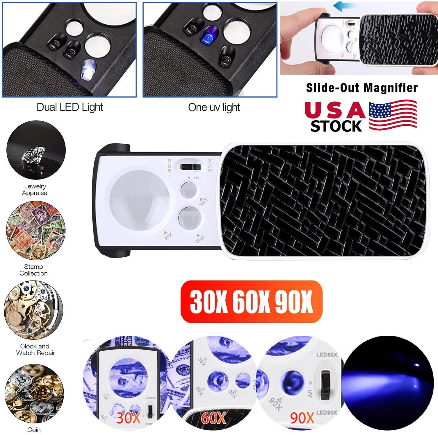 30x 60x 90x Coin Jewelry Jewelers Watch Loupe Magnifier Microscope LED UV Light