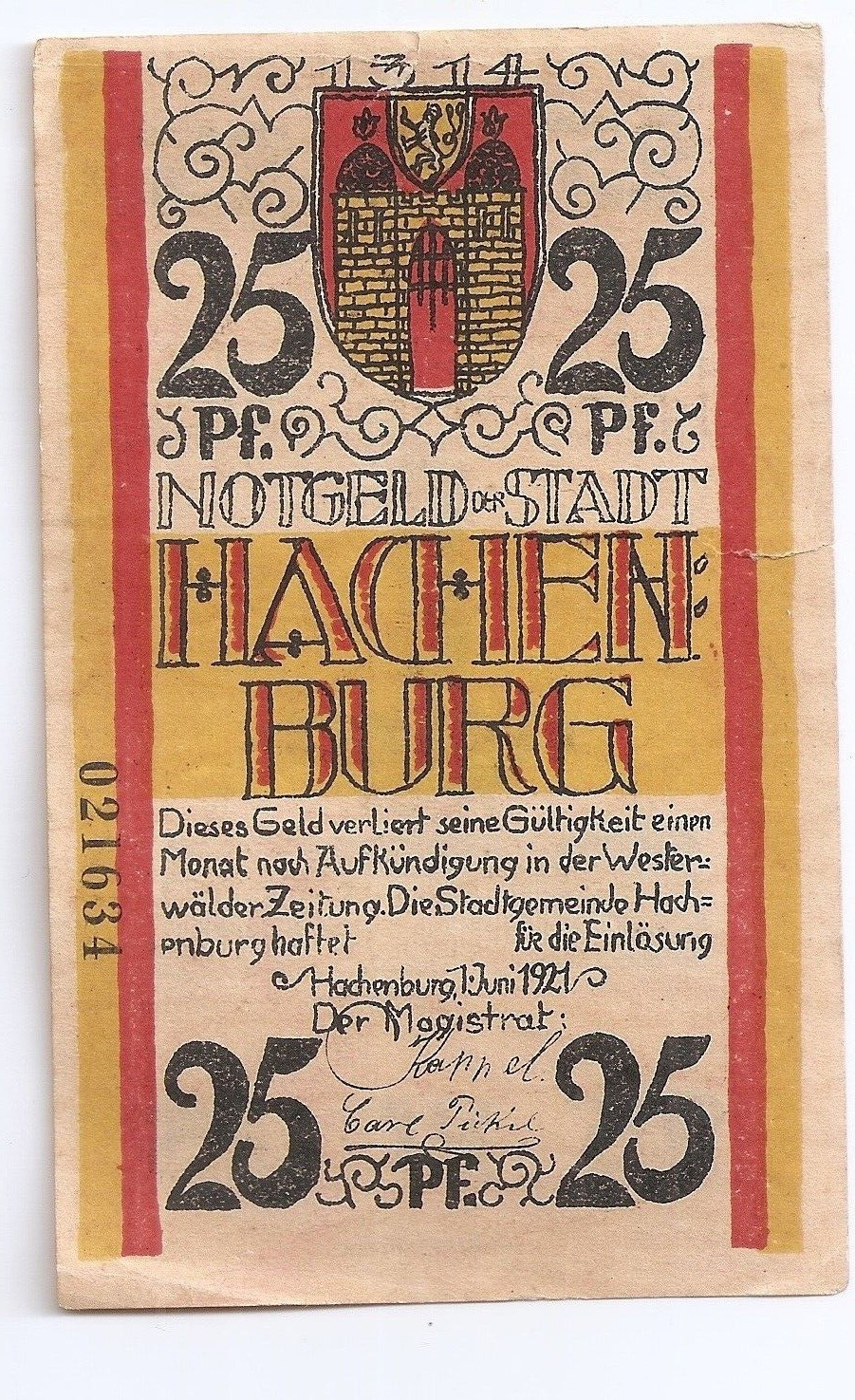 GERMANY  notgeld Hachenburg  25 pfennig  1921