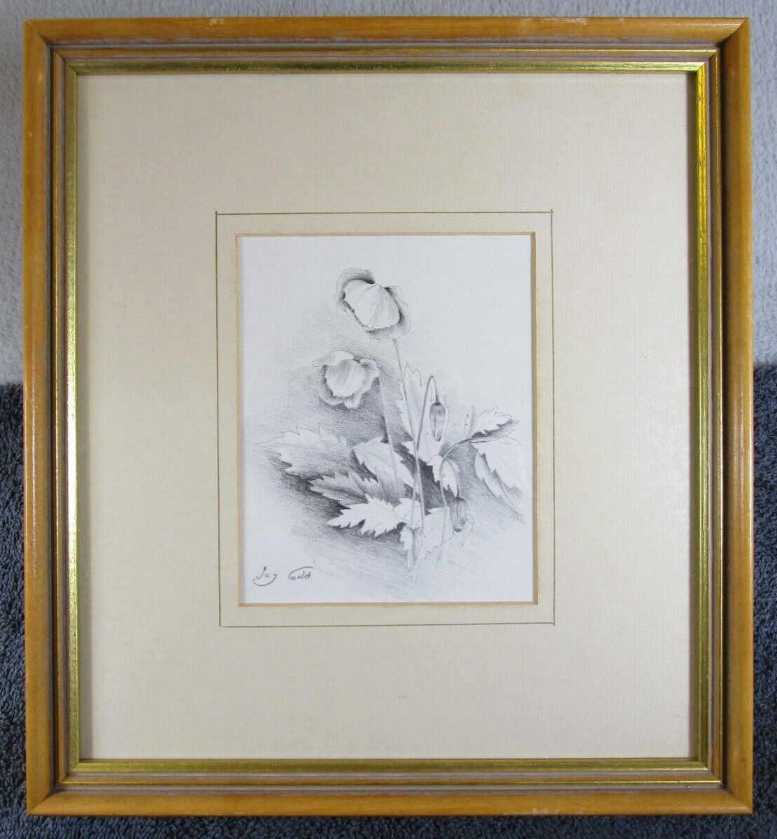 Lovely Vintage Framed Signed Joy Codd Original Pencil Drawing Floral Wild Poppy