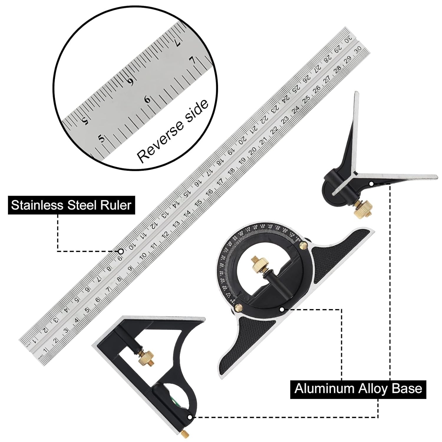 11.8 Inch Multi Function Ruler Set T Square Protractor Level for Woodworking DIY