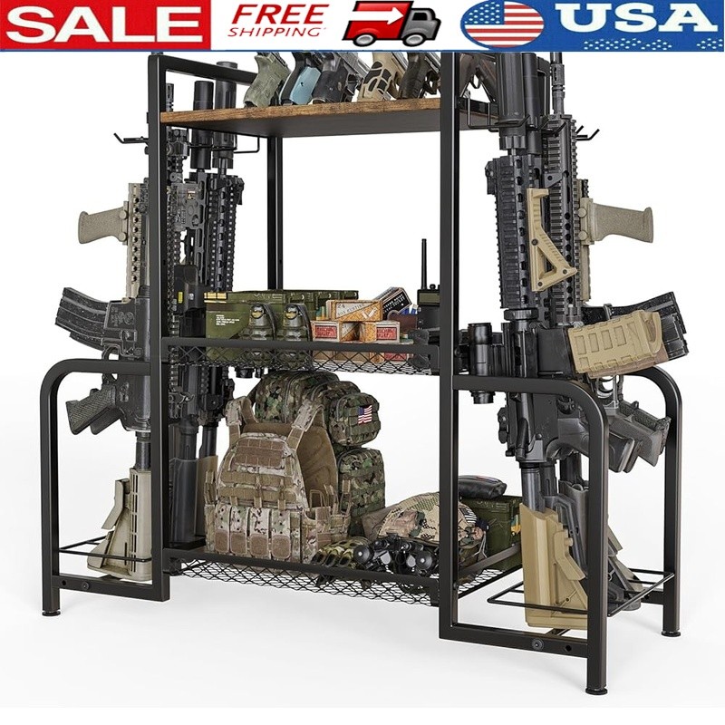 Stainless Steel Gun Rack 8 Rifles 6 Handguns Dual Baskets Widened Base New