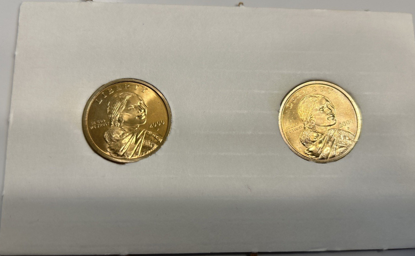 (2) 2000 P & D Sacagawea Native American Gold Tone US One Dollar Coins - BU/Unc