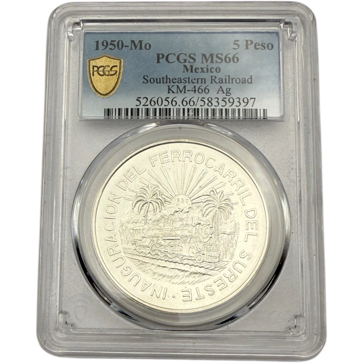 1950-Mexico 5 Pesos-Southeastern Railroad-PCGS MS 66-High Grade-Super White Gem