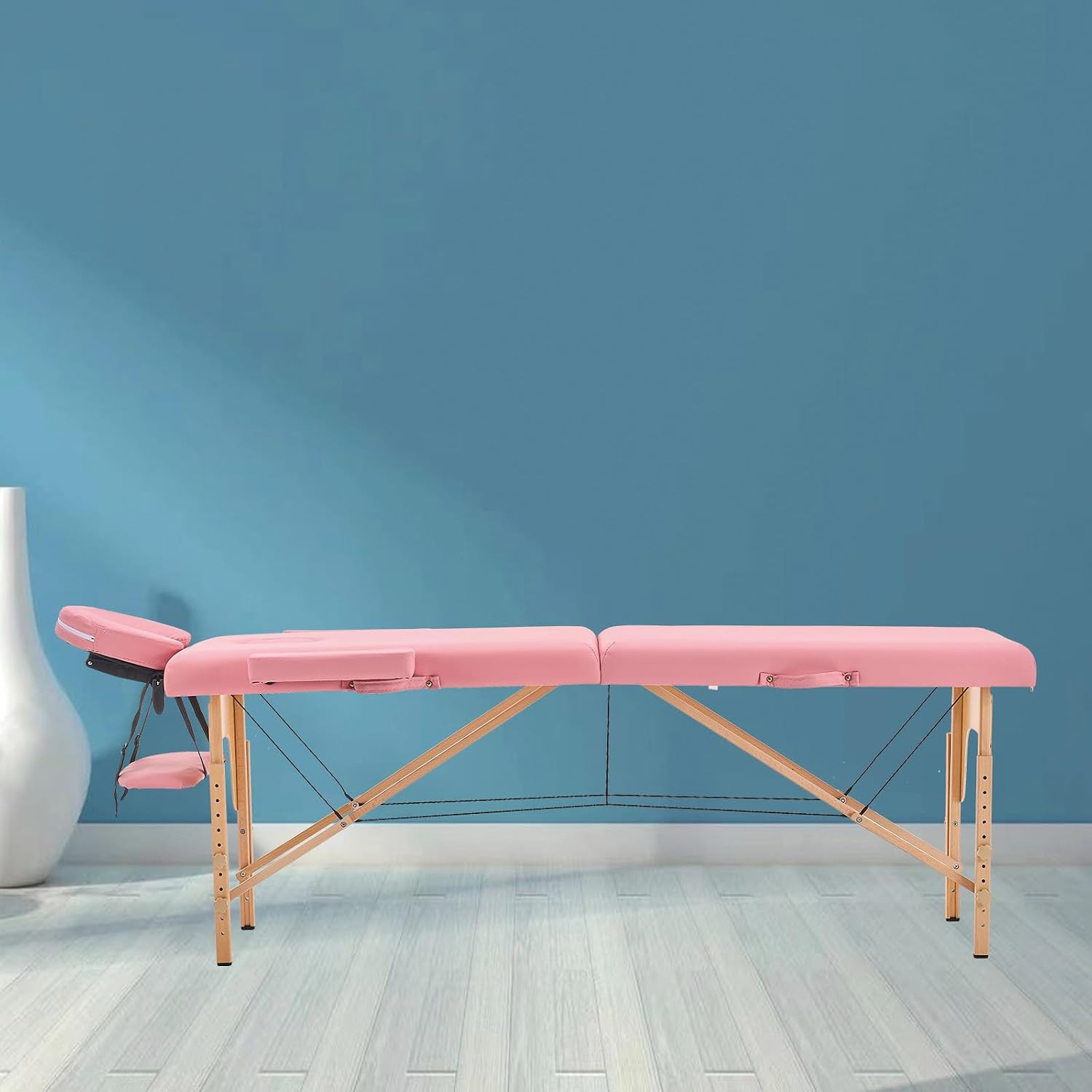 Portable Adjustable Massage Table with Accessories - Pink Wooden Frame