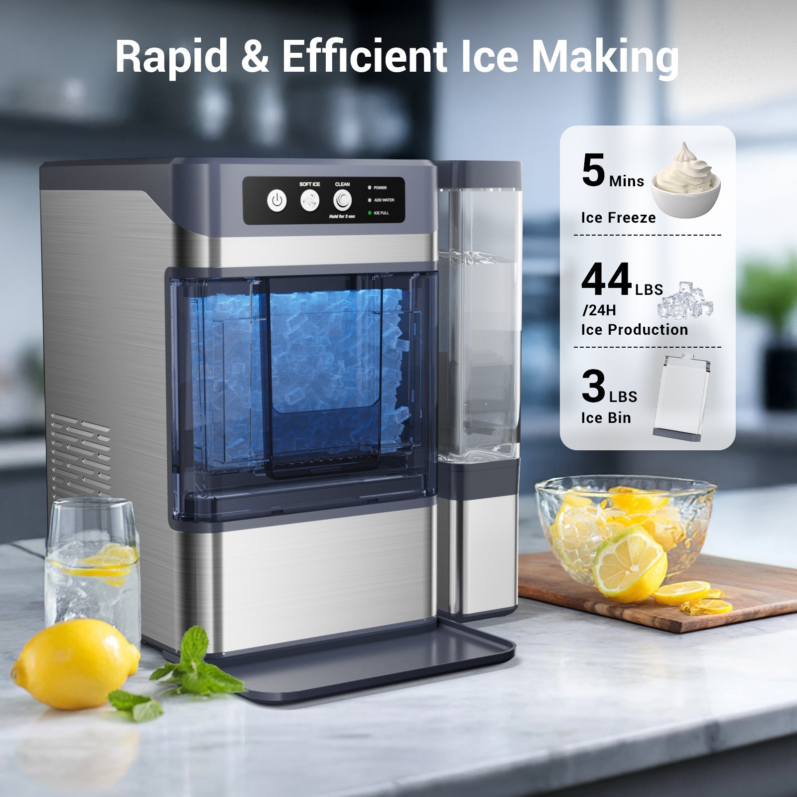 44lb Countertop Nugget Ice Maker 5Mins Fast Pebble Ice Making Machine Self-Clean