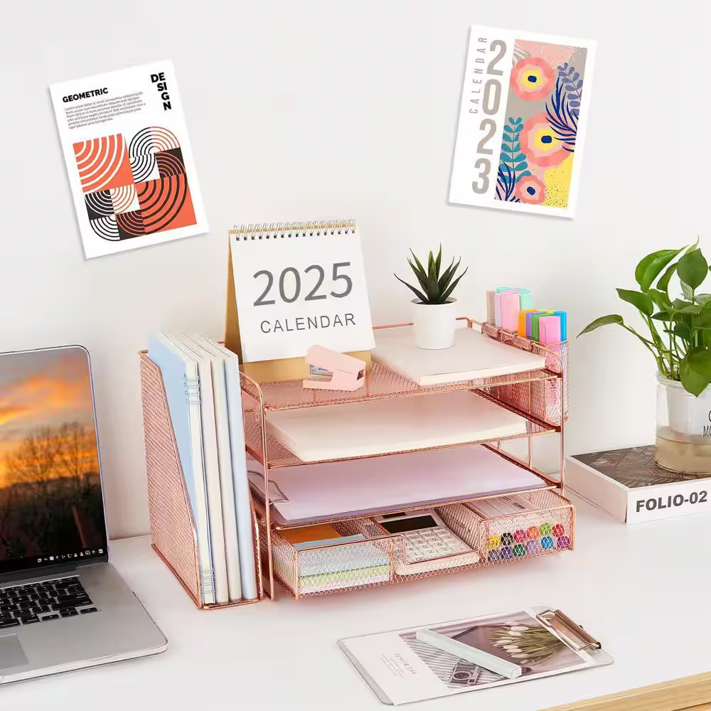 Rose Gold 12.9 In. X 9.2 In. 4-Tier Metal Rectangular Desk Organizers with Drawe