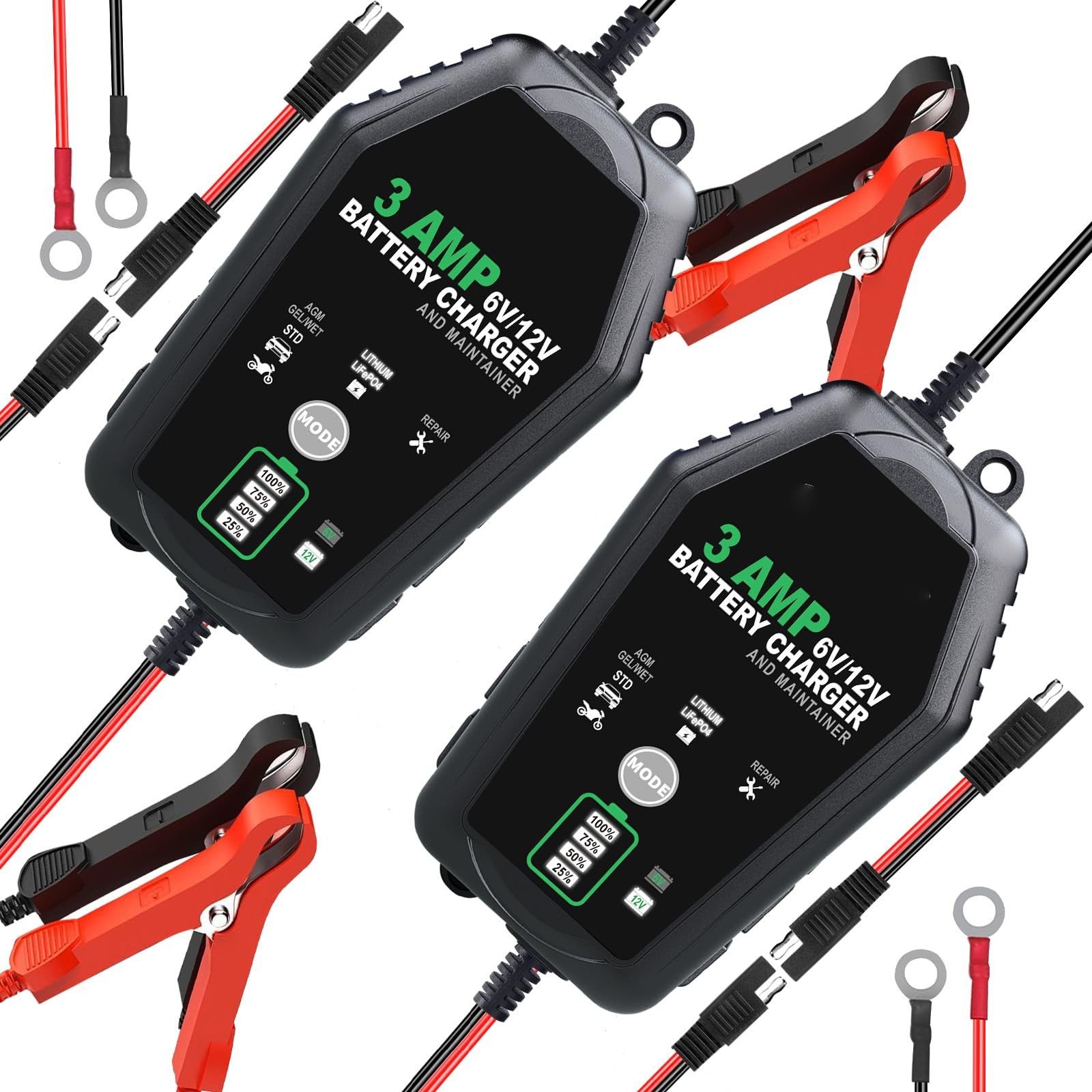 [2 Pack] 3-AMP Car Battery Charger, 6V/12V Trickle Charger and 3AX2, Black