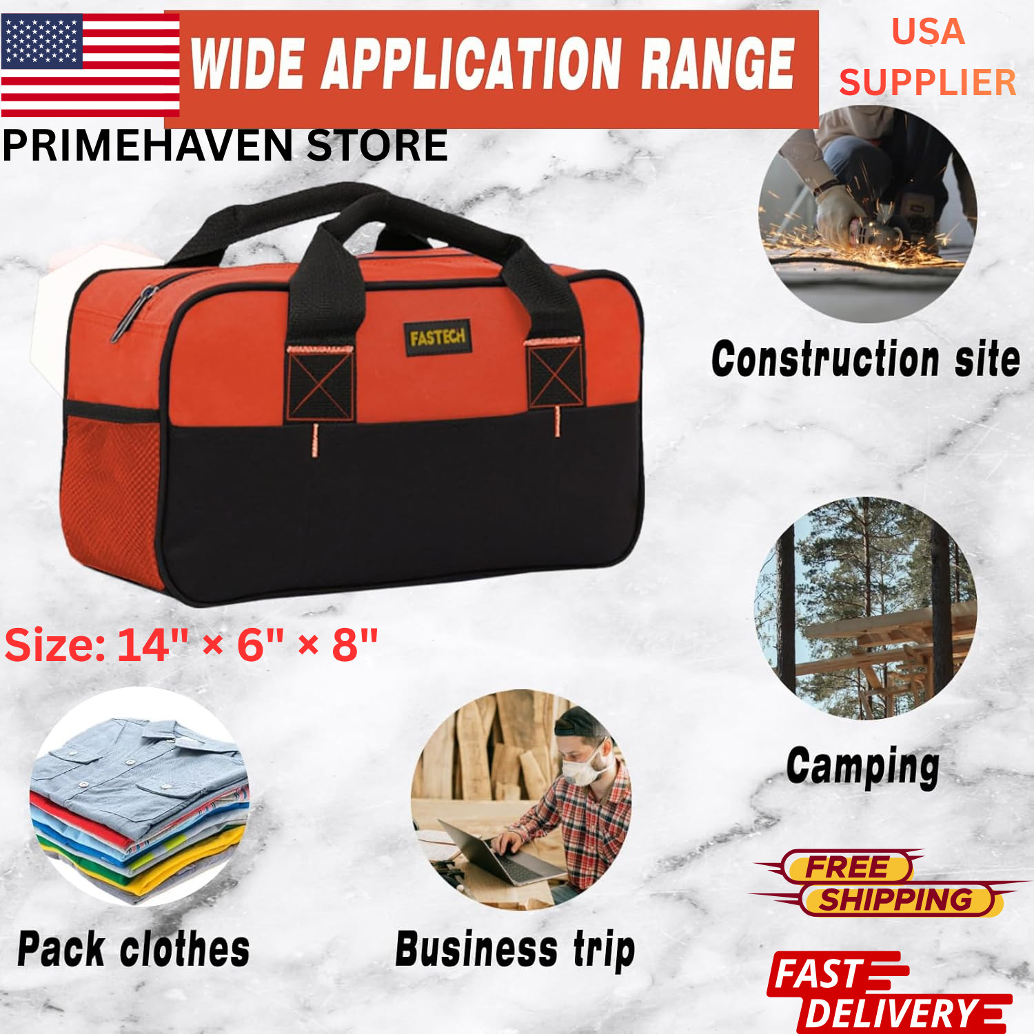 14" Contractors Tool Bag Wide Mouth Tool Tote Waterproof Multi Pocket Organizer