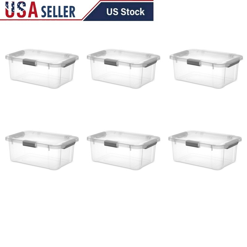 Stackable HingeLID Storage Bin W/ Clear Lid & Comfort Grip Handles 6 Pack New