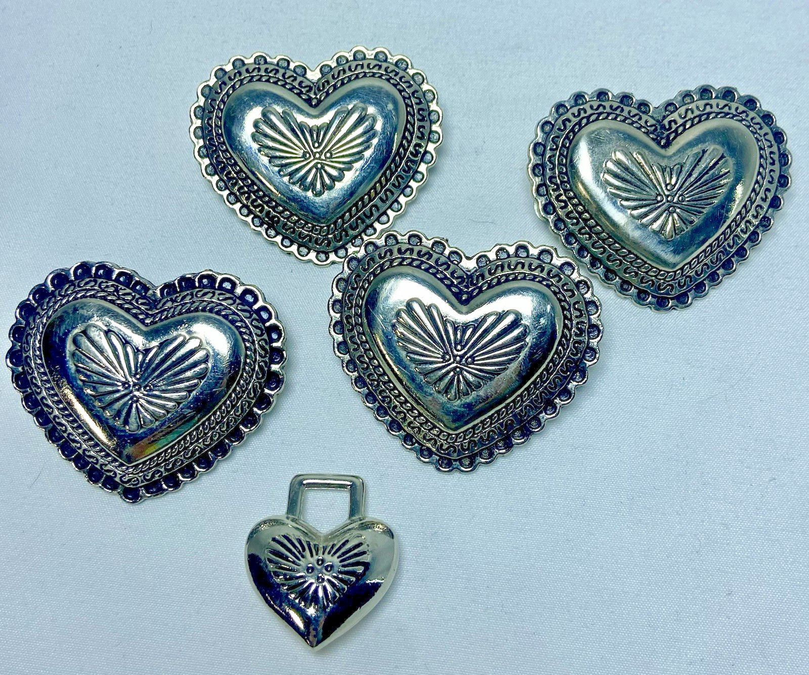 4 Engraved Scrolled Silver Heart Belt Conchos And 1 Pendant