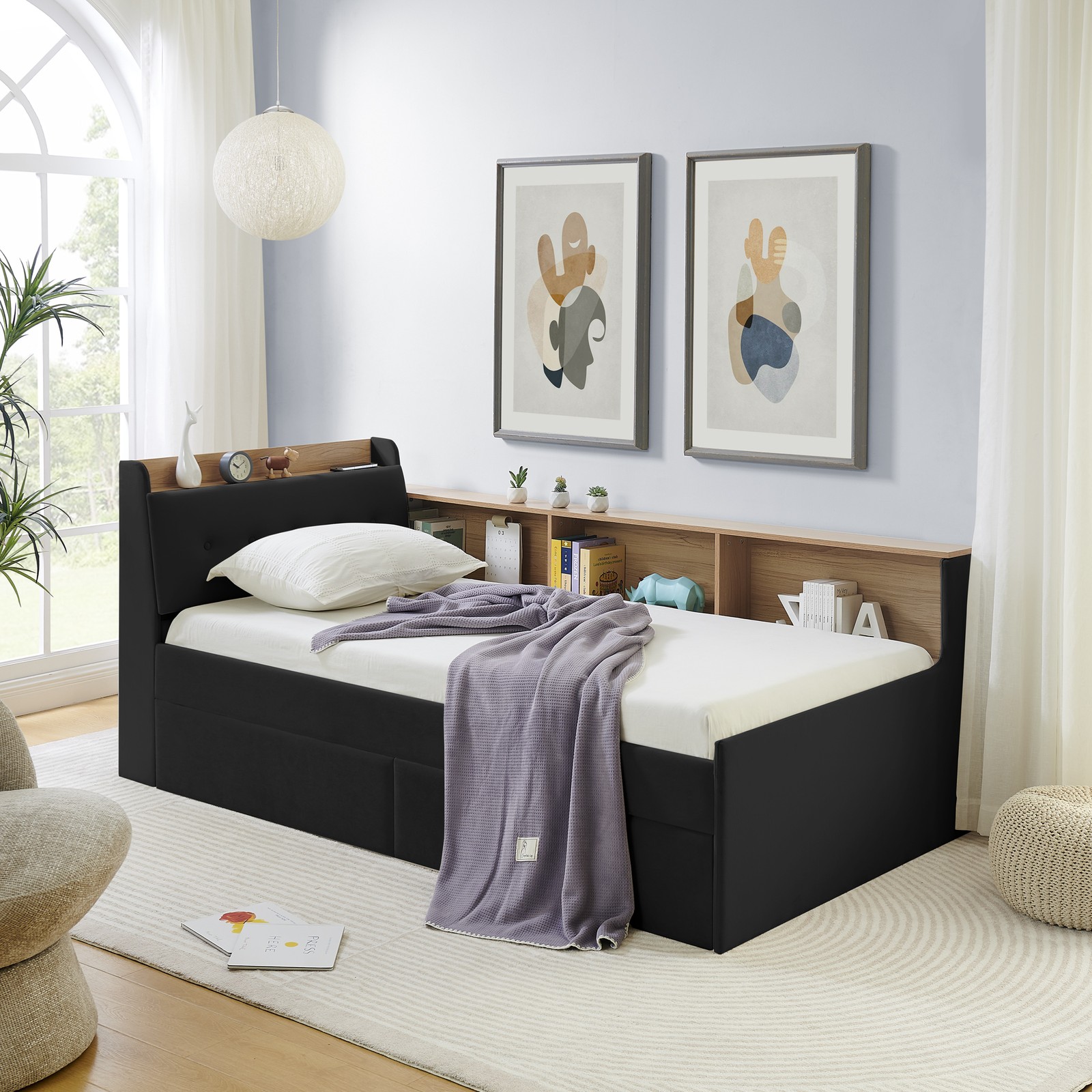Twin Size Upholstery Velvet Day Bed with Storage Headboard and Wireless Charging