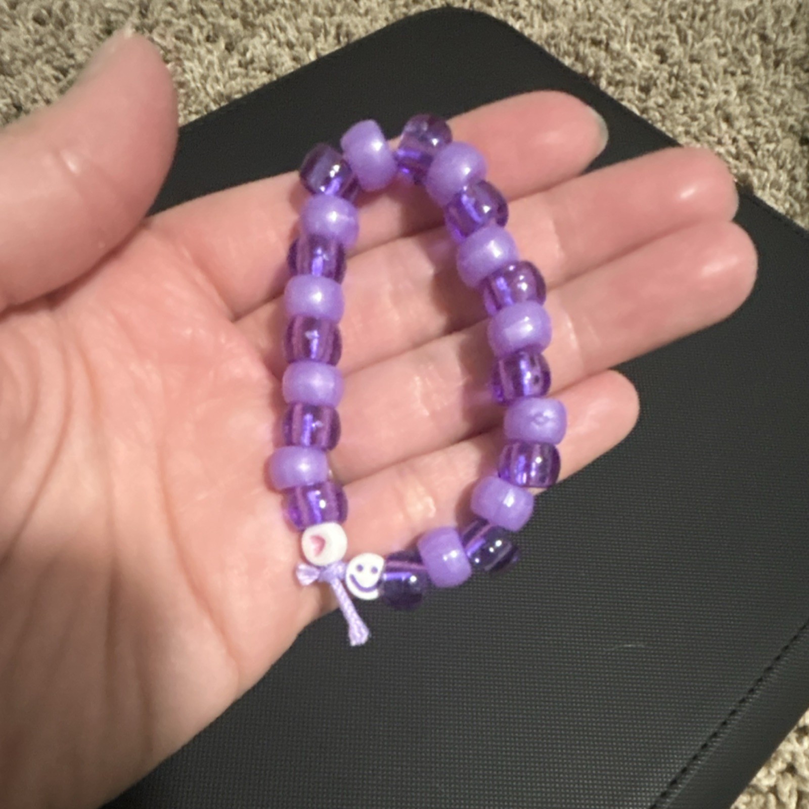 Purple Beaded Adjustable Cord Bracelet with Smiley Dangle Charm