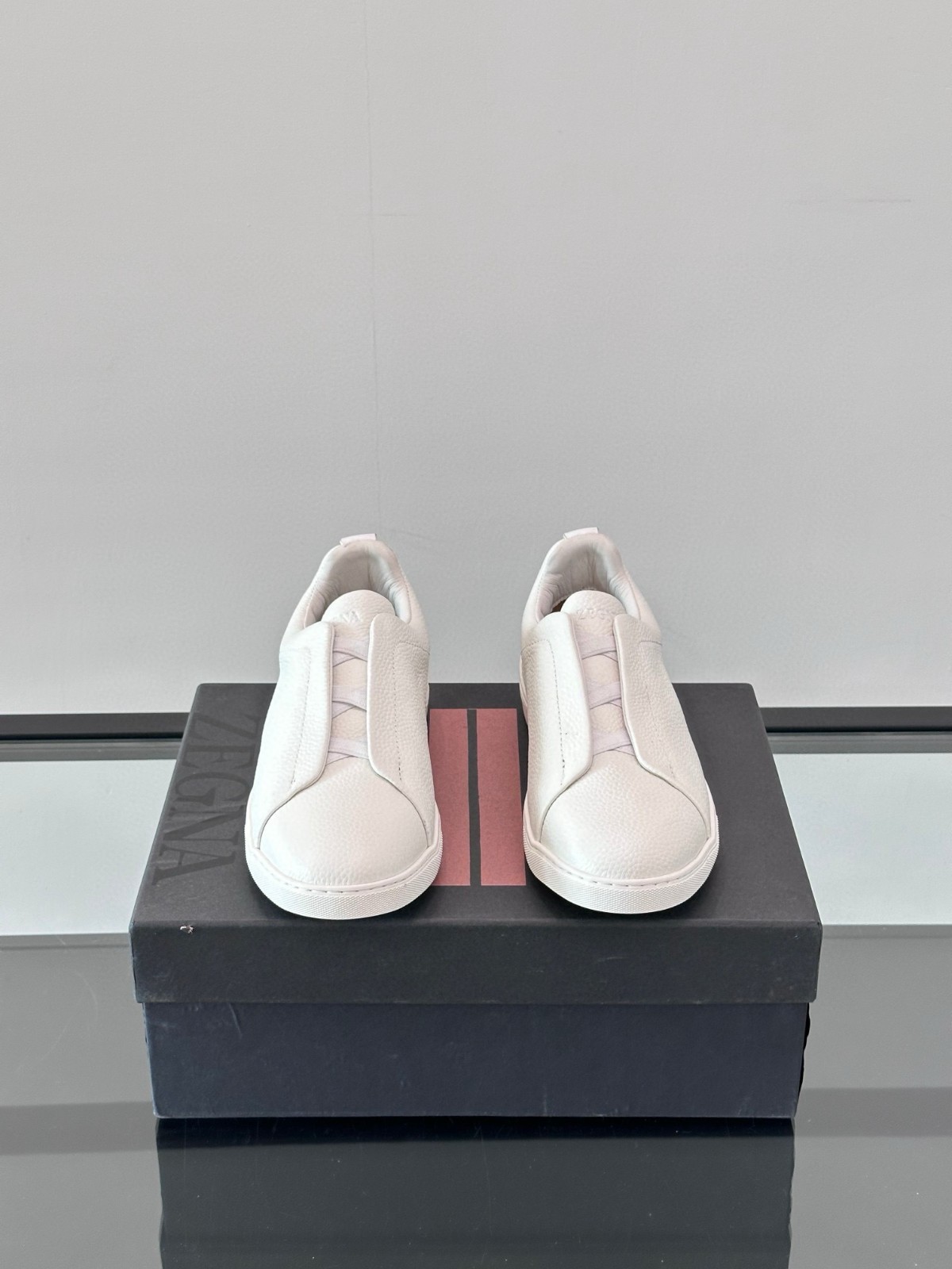 ZEGNA Triple Stitch White Grained Leather Sneakers Full Sizes