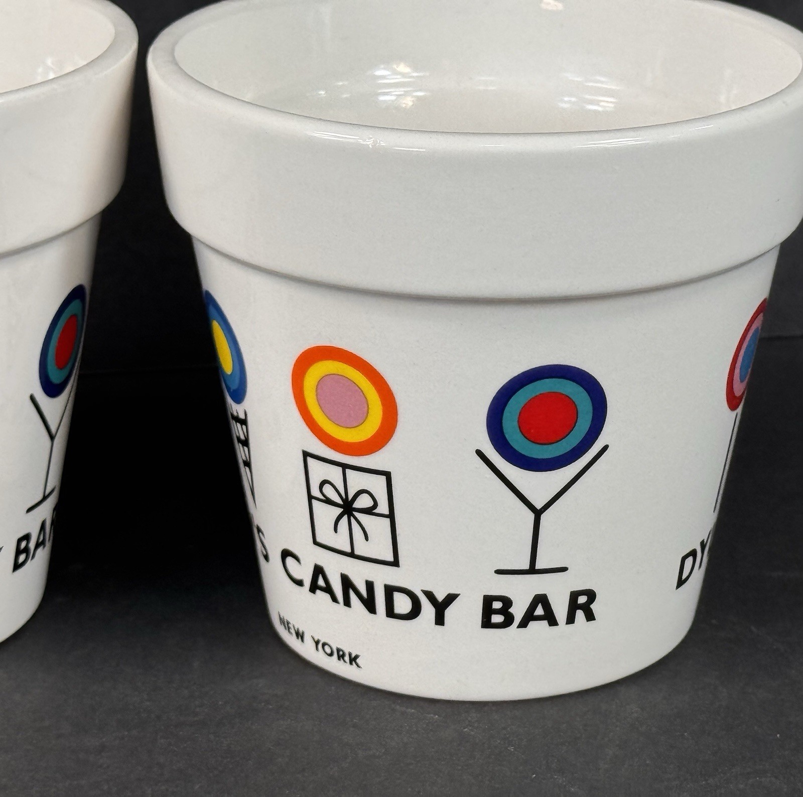 Set 2 Dylan’s Candy Bar Ceramic Flower Pot Planters White Colorful Logo
