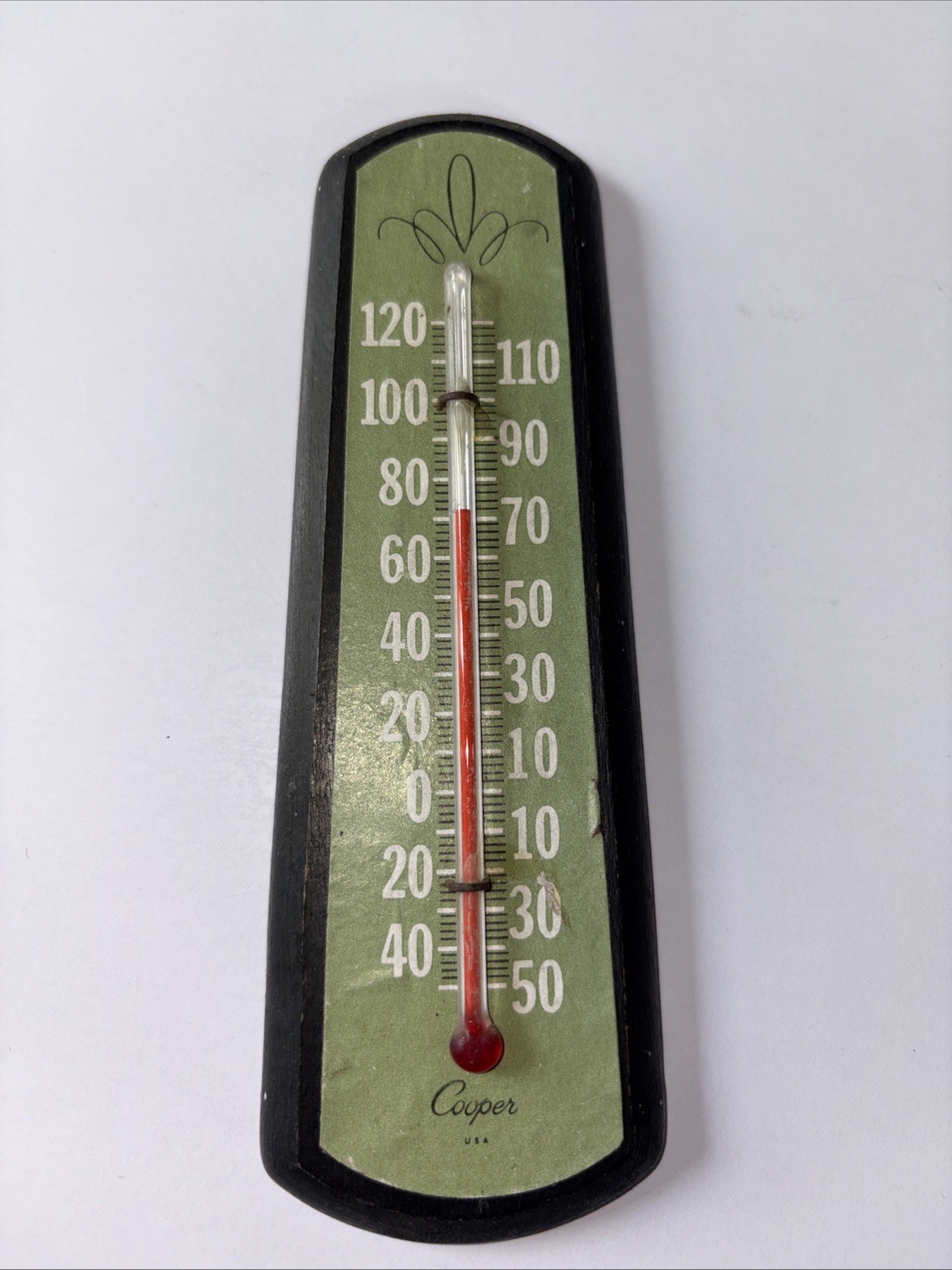 Vintage Copper Wood Wall Mounted Thermometer w/ Glass Tube - Made In USA