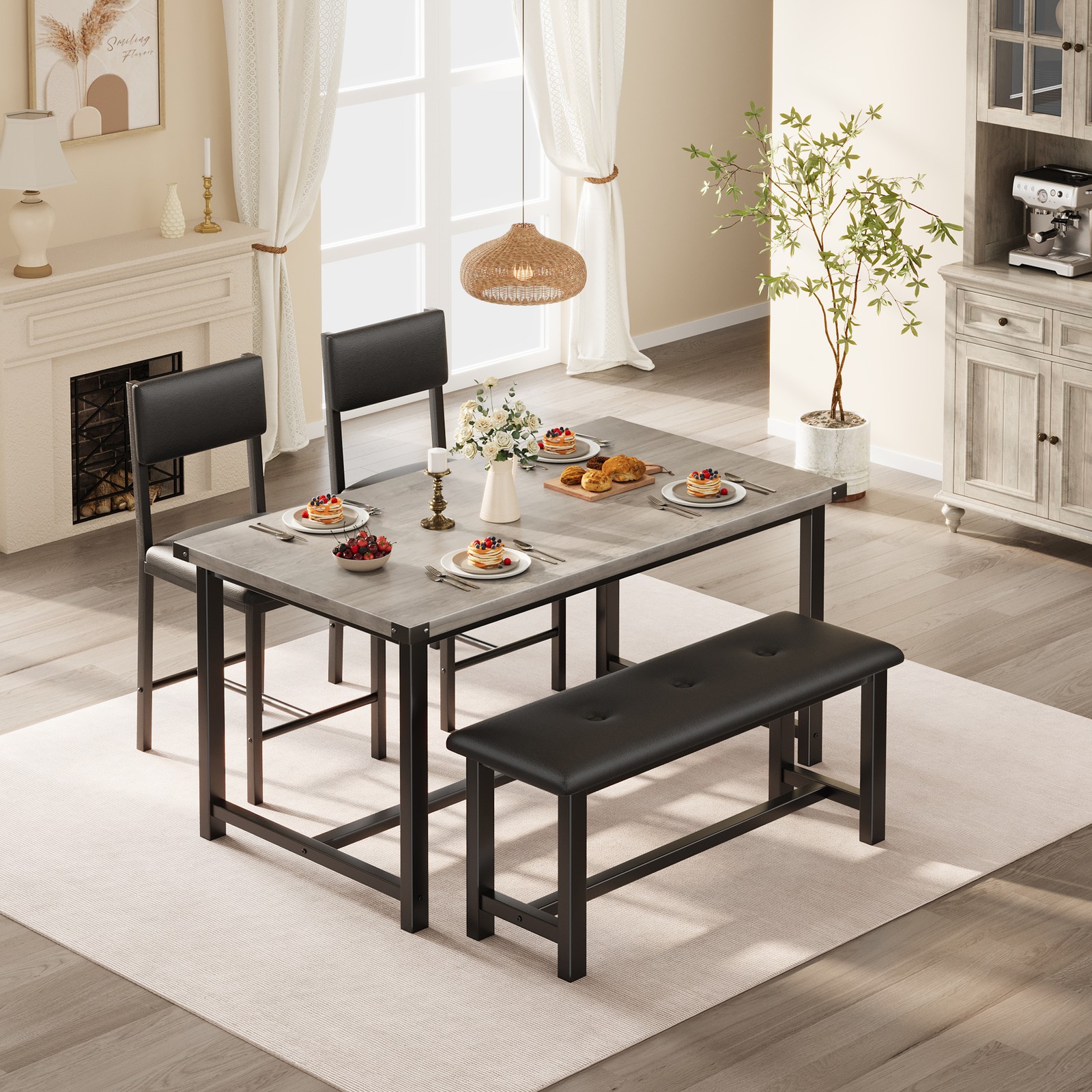 Modern Space-Saving Dining Table Set for 4, Upholstered Bench & 2 Padded Chairs