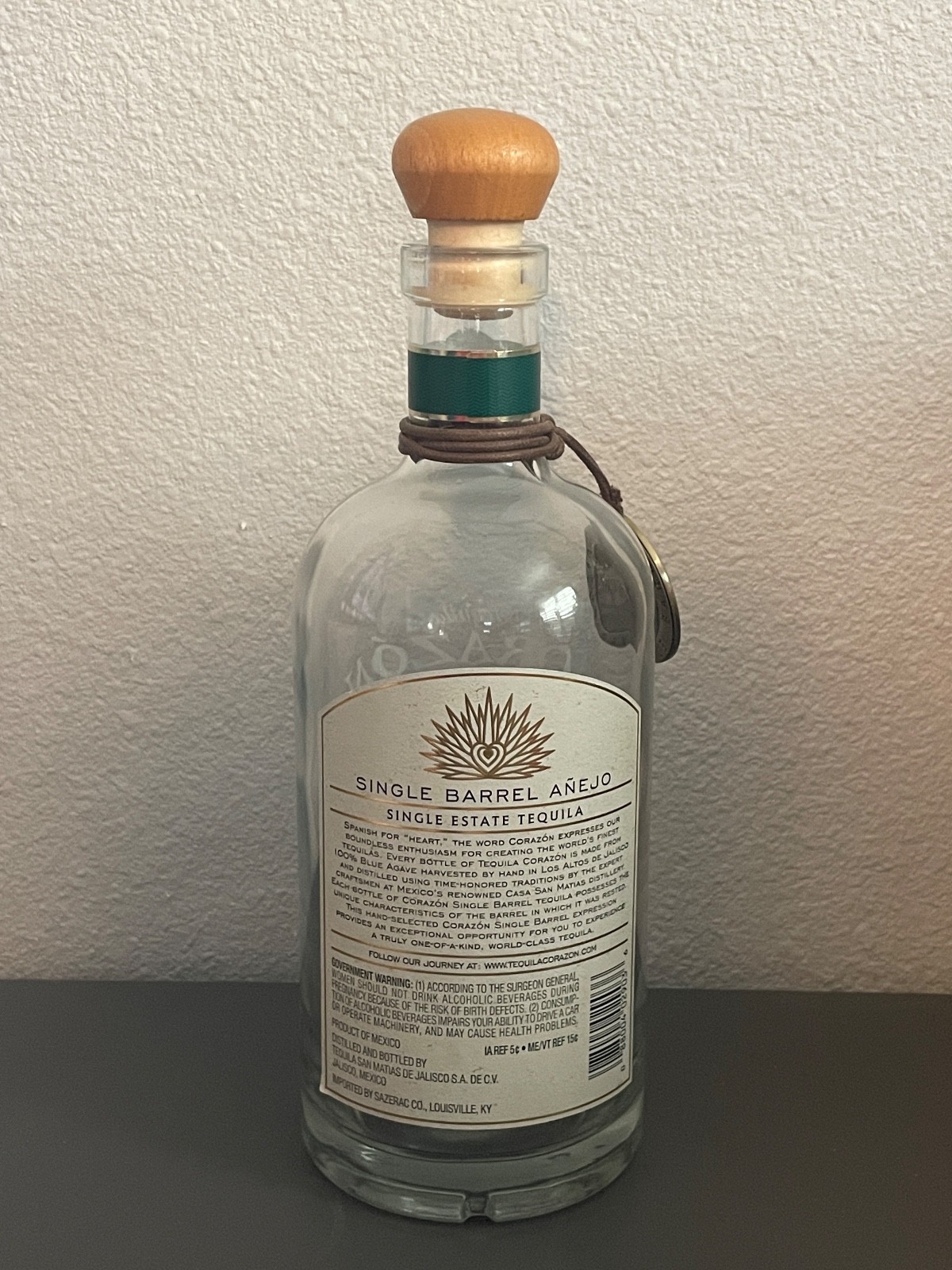 Corazon Tequila Buffalo Trace Medallion and Empty Anejo Bottle and Stopper