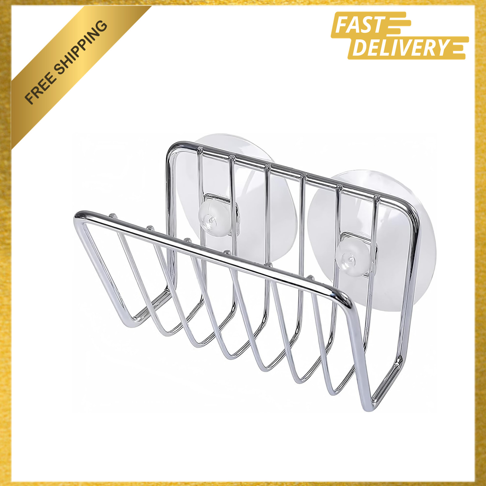 Kitchen Sink Sponge Holder, Stainless Steel, Suction Cup Caddy, Silver, Open