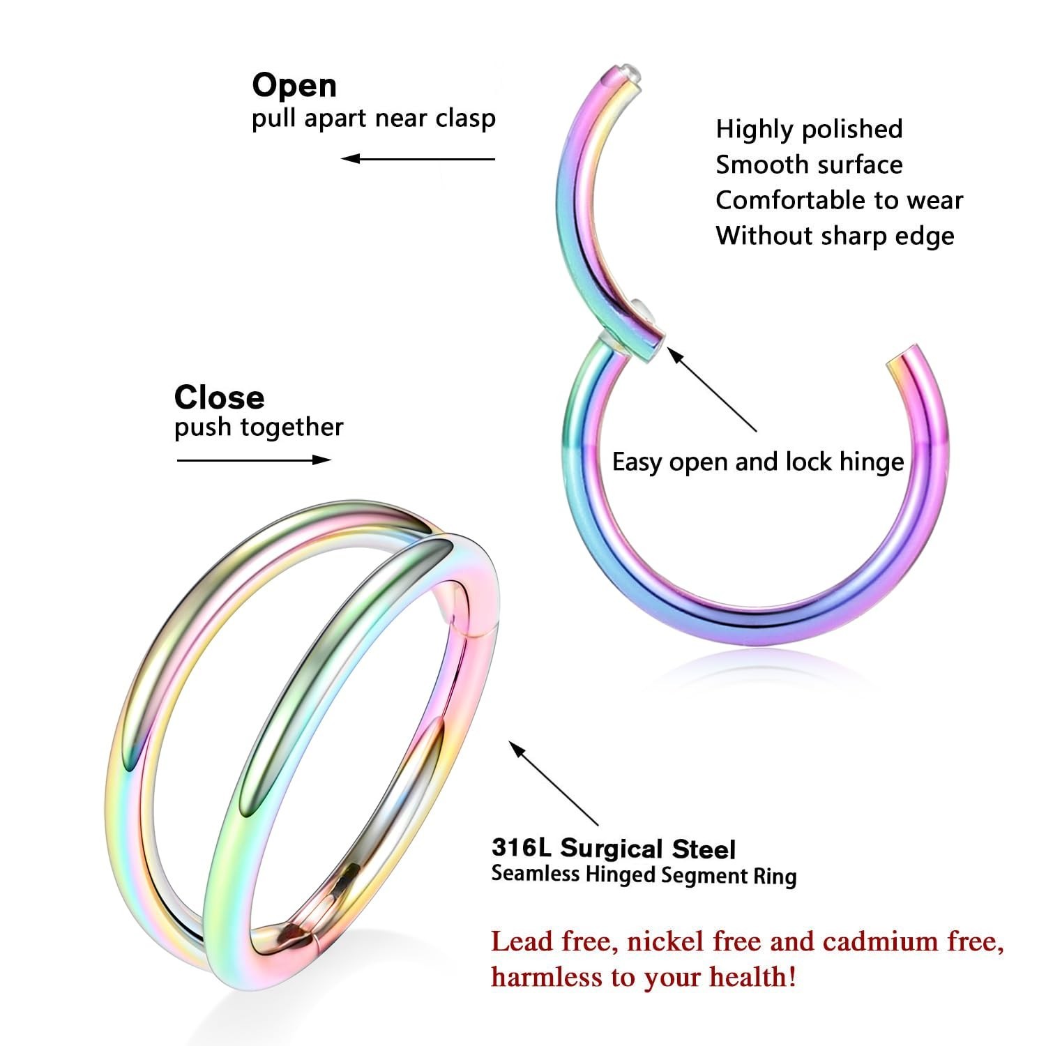 PEAKLINK Double Nose Hoop Ring Sets Hinged Segment Ring Seamless Clicker Ring...