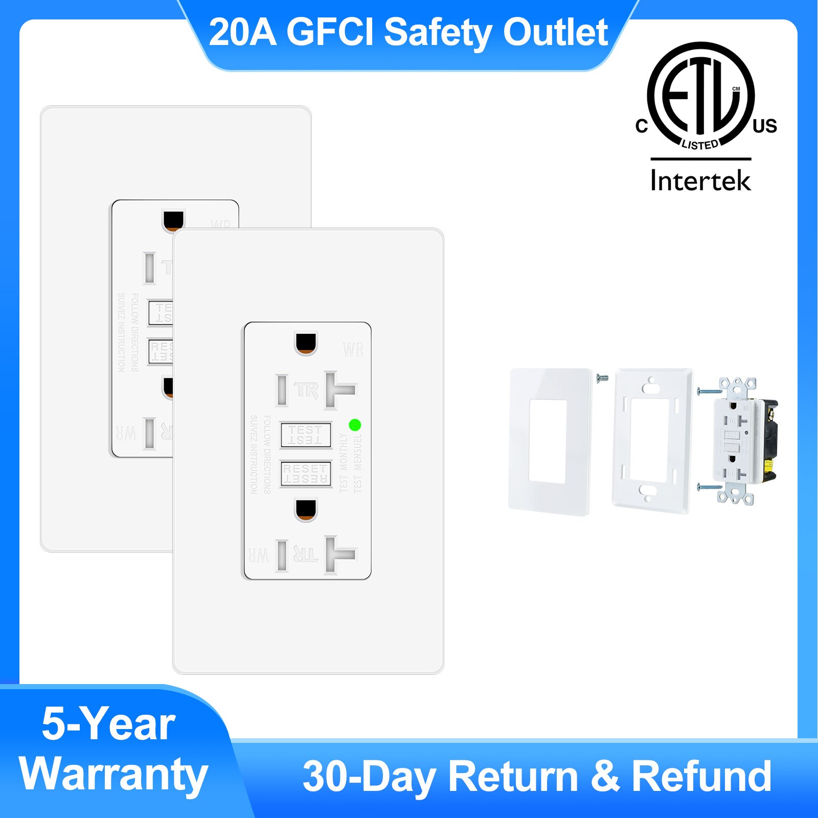 20A Tamper-Resistant GFCI Outlet White WR 1/40s Shock Protection ETL Listed 2PK
