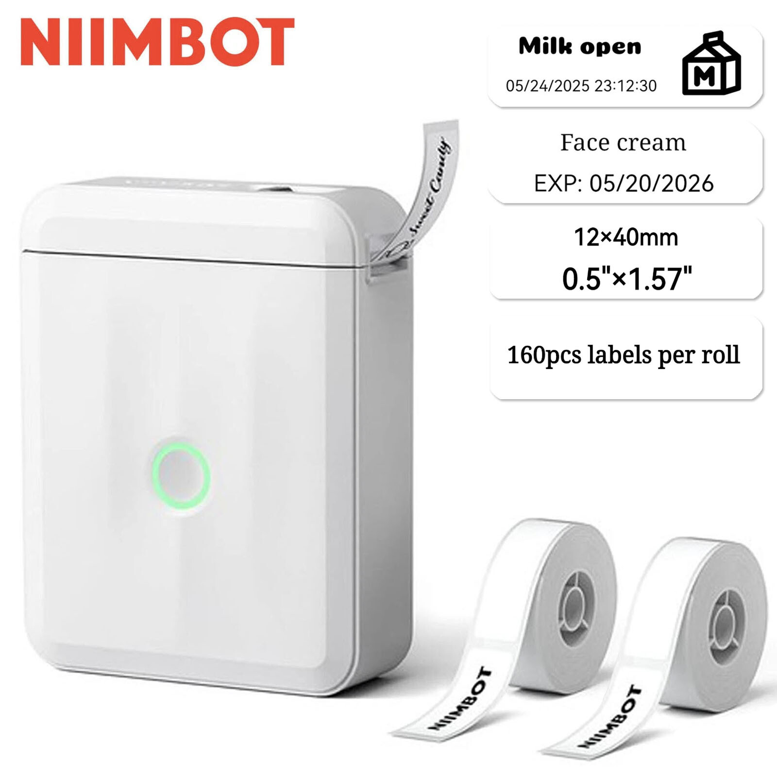 NIIMBOT D110-M Bluetooth Label Maker White with 2 rolls Label Tapes, 12x40mm
