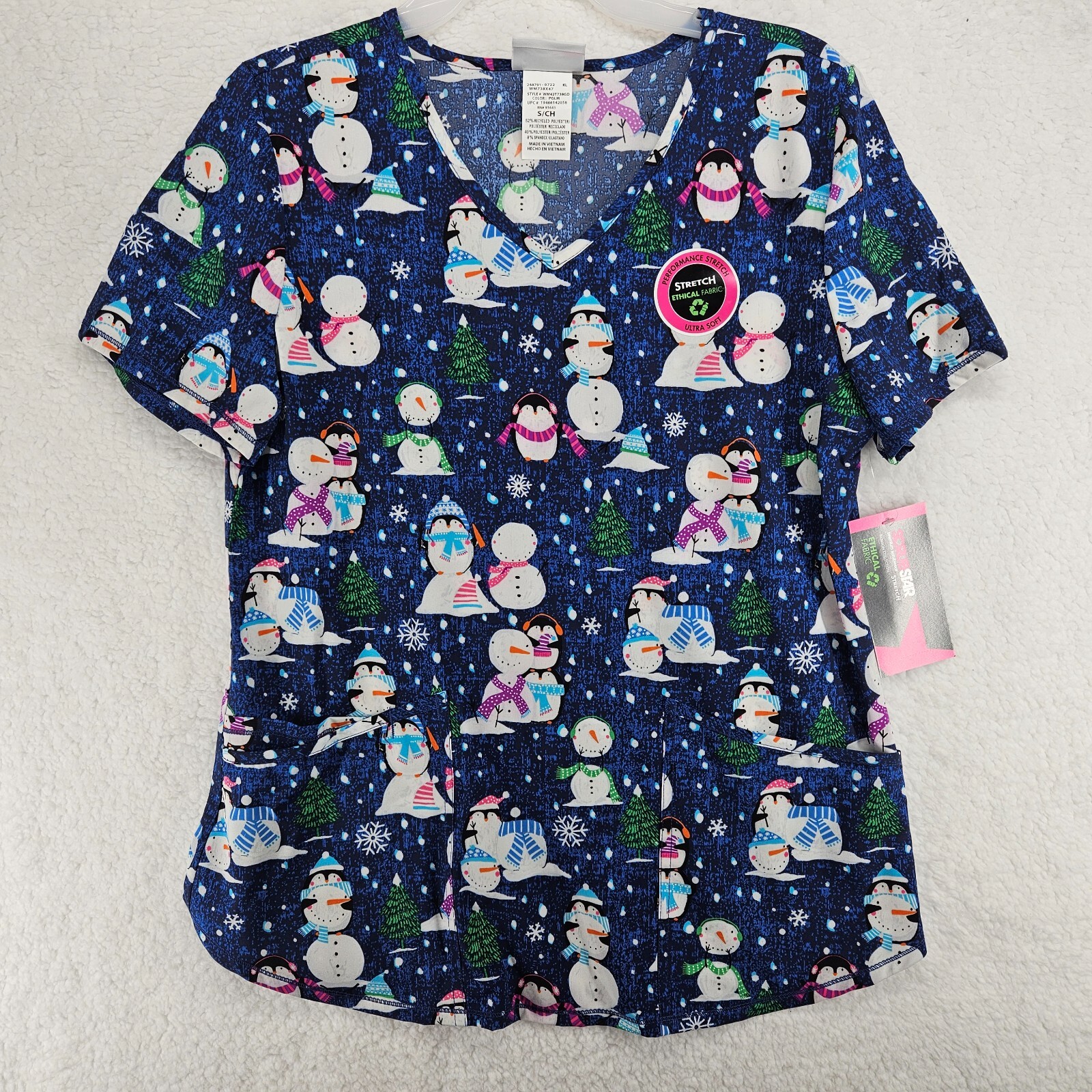 Scrubstar Women's size SMALL S Winter Scrubs Top Aurora Snowman Dark Blue - NEW