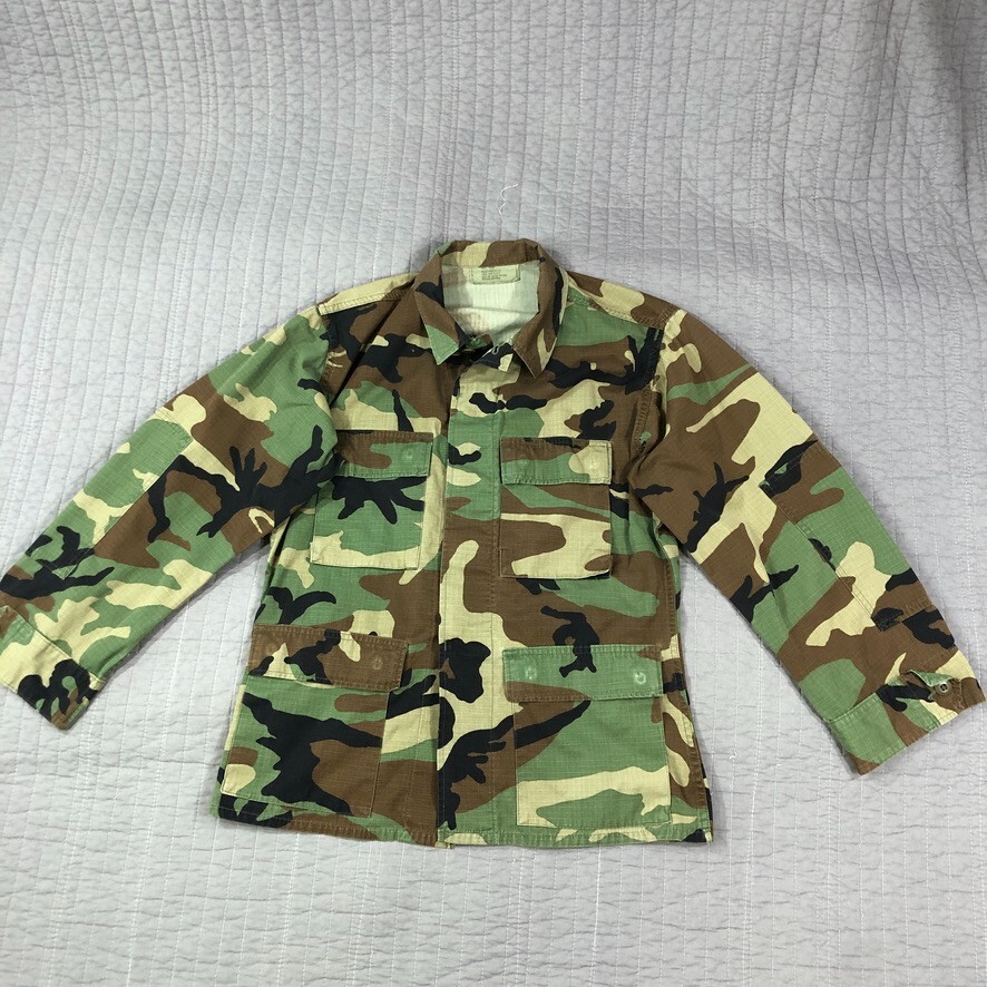Vintage USA Army Jacket Men Small Short Green Woodland Camo Coat Hot Weather BDU