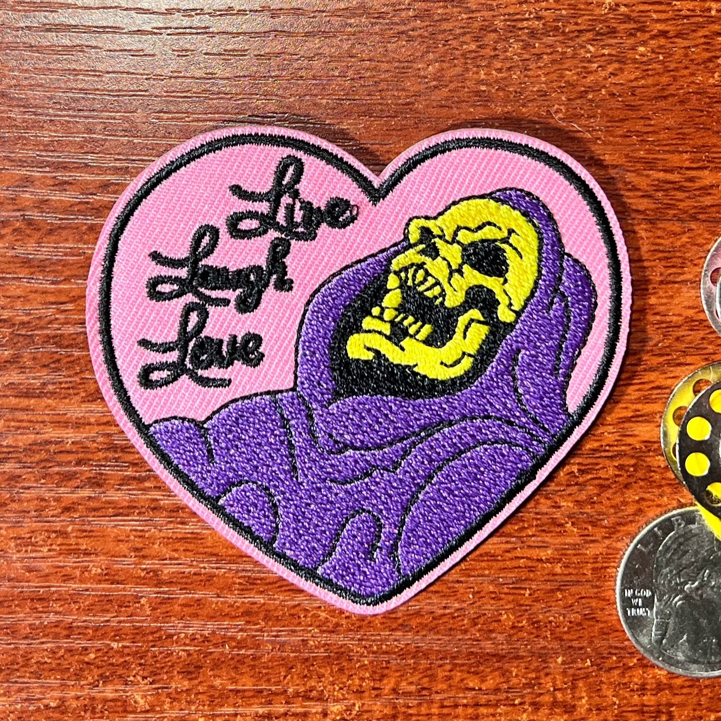 Skeletor Patch 80s Cartoon Live Laugh Love Memes Embroidered Iron On 2.25x2"