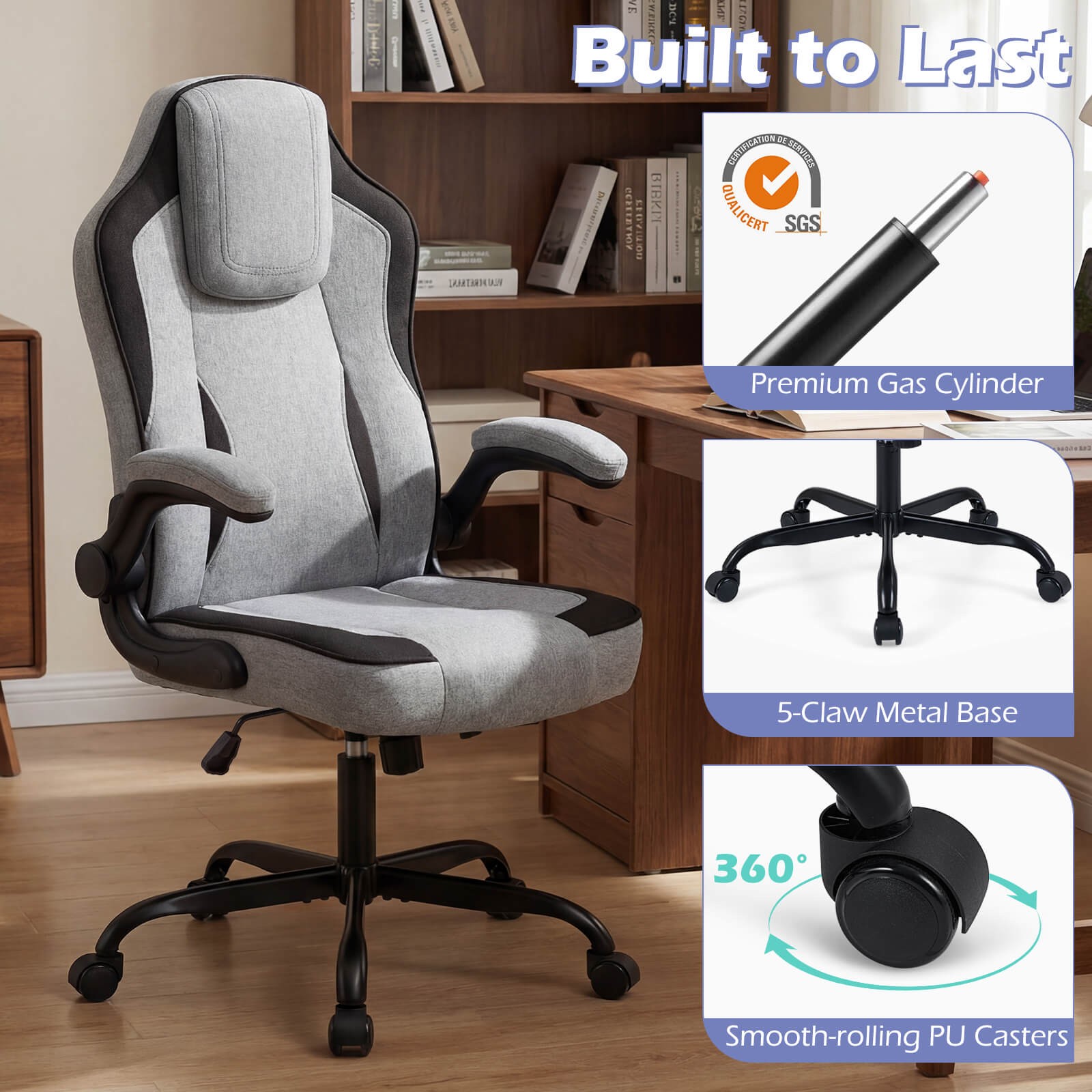 Office Chair w/90° Flip-up Armrests, Adjustable Height & Rocking Function,Wheels