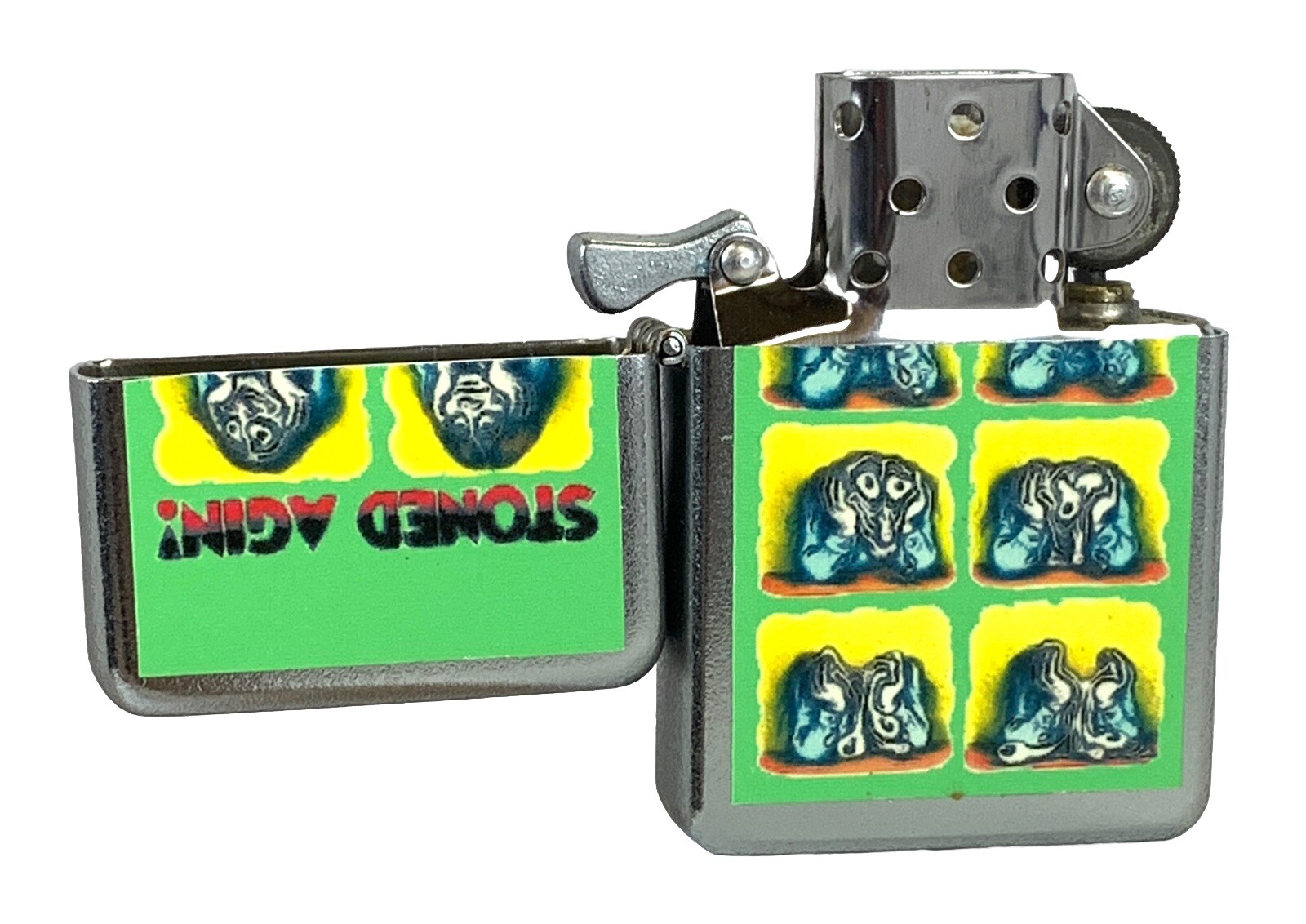 Stoned Agin! (Again) Melting Faces Flip Top Chrome Oil Lighter Wind Resistant
