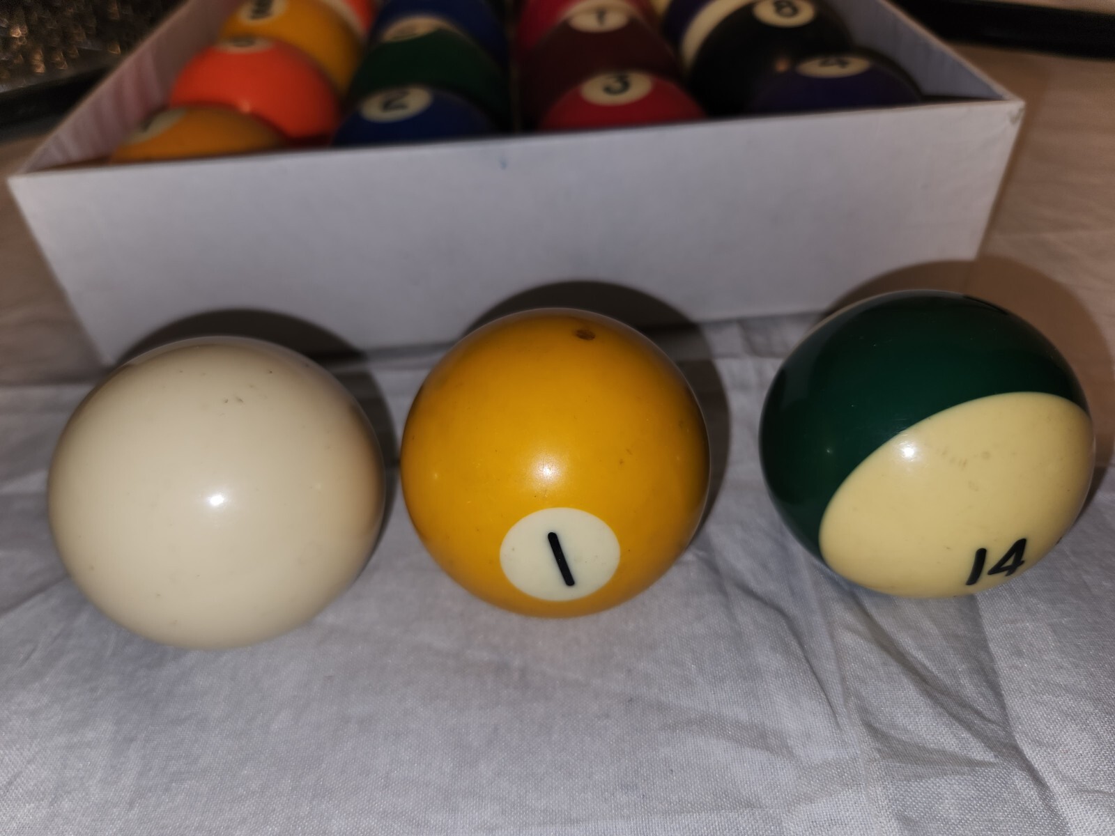 Billiards Lot of 19 Billards Balls, Pool Balls, Triangle, 9 Pieces of Cue Chalk