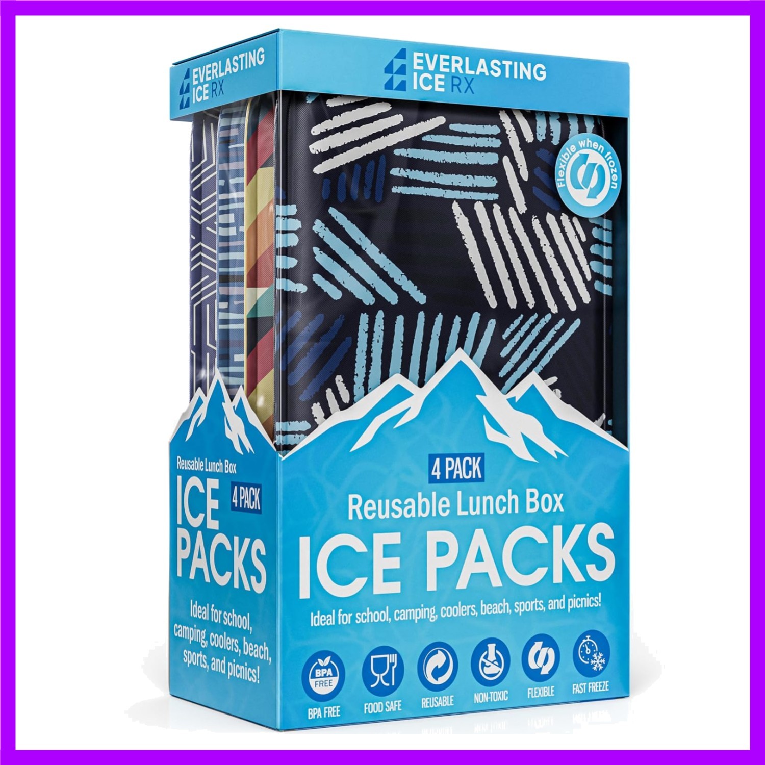 Everlasting Ice Reusable Ice Packs for Lunch Boxes & Coolers 4 Pack Flexible,...
