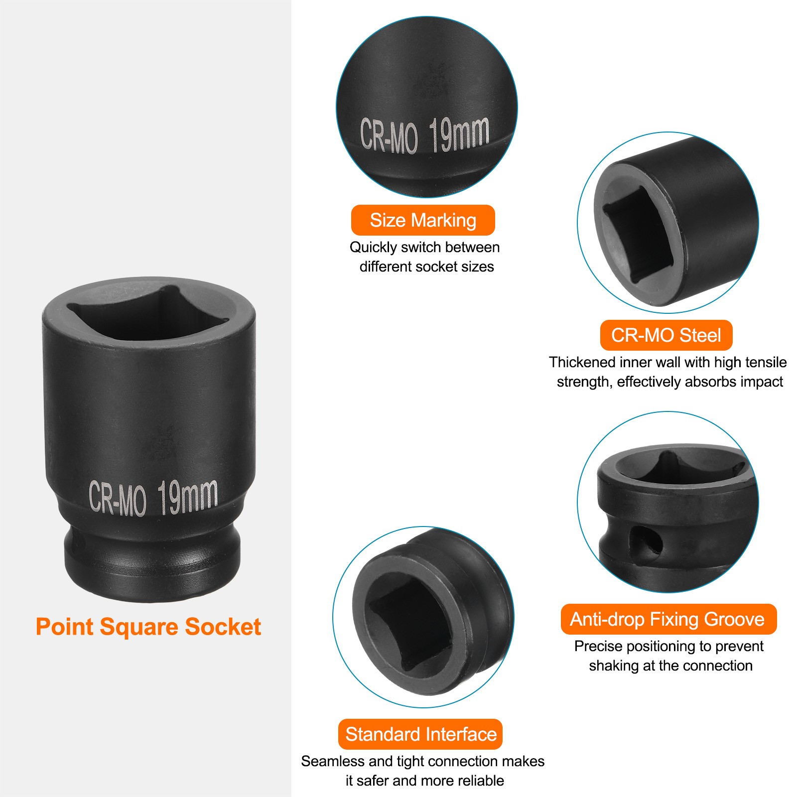 4 Point Square Socket 1/2" Drive 19mm Metric CR-MO Square Impact Wheel Socket