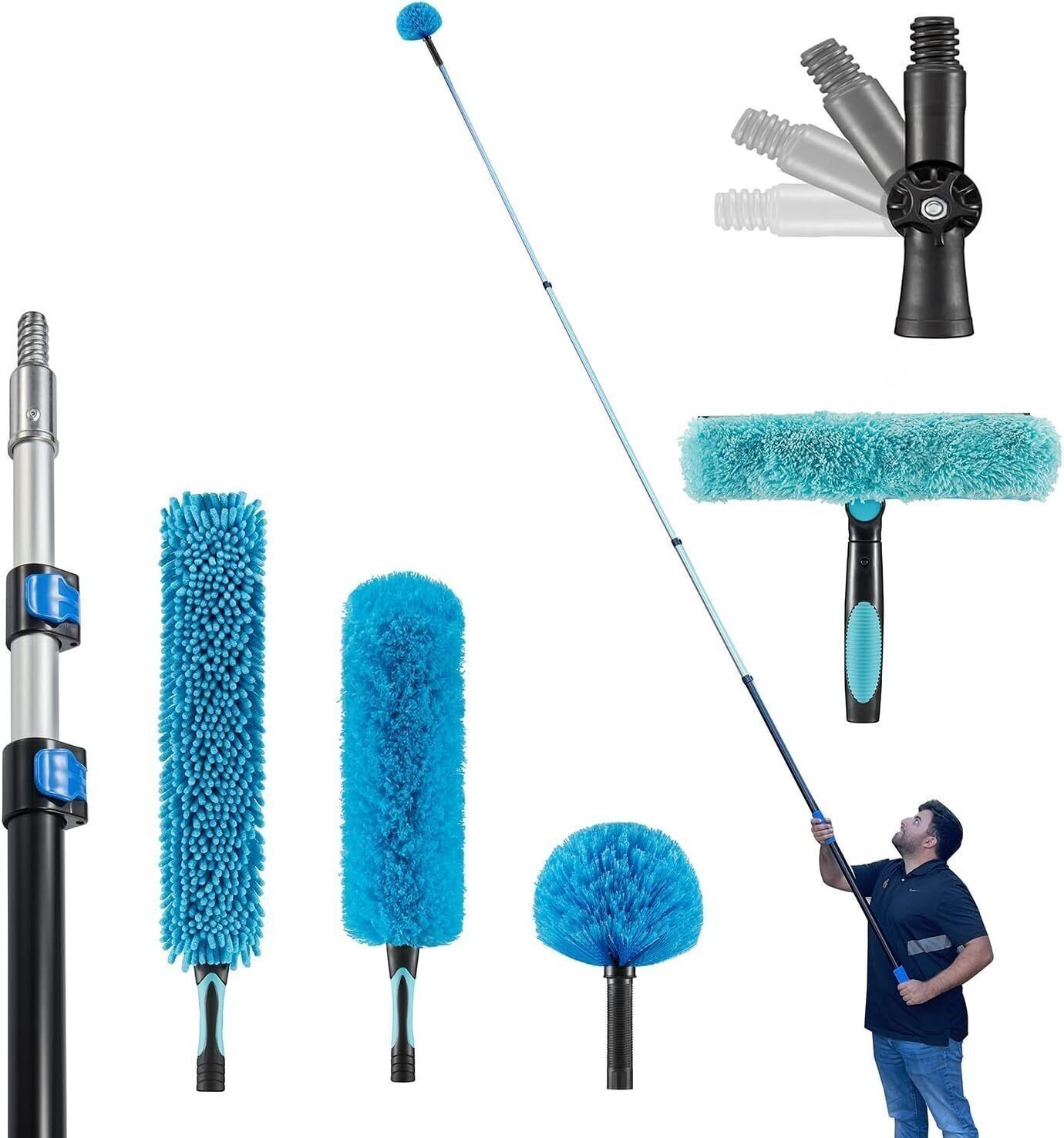 20 Foot High Ceiling Fan Duster W/ 5-12 Extension Pole Extendable Reusable Blue