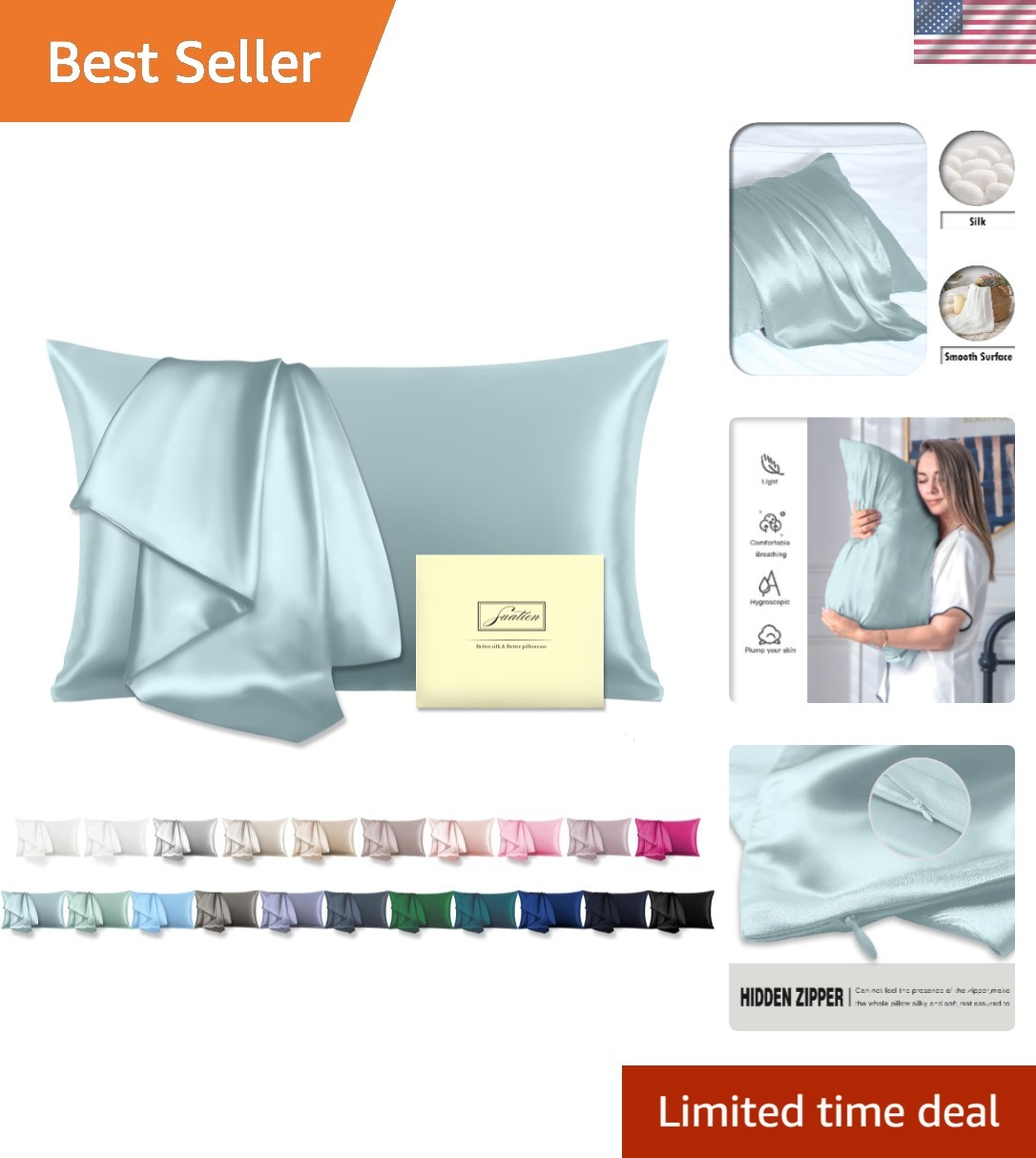 Mulberry Silk Pillowcase for Hair and Skin Standard Size 20"X 26" Pillow Case...