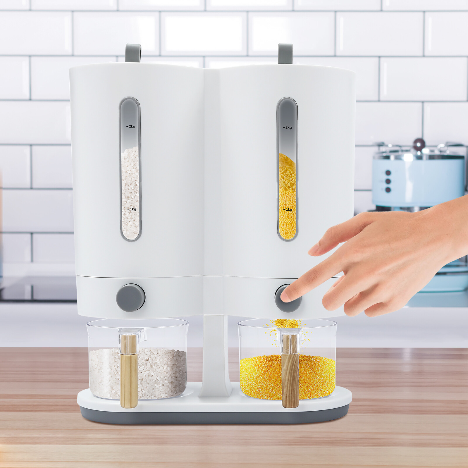 Dual Rice Dispenser Large Capacity Dry Food Dispenser with2 Measuring Cups