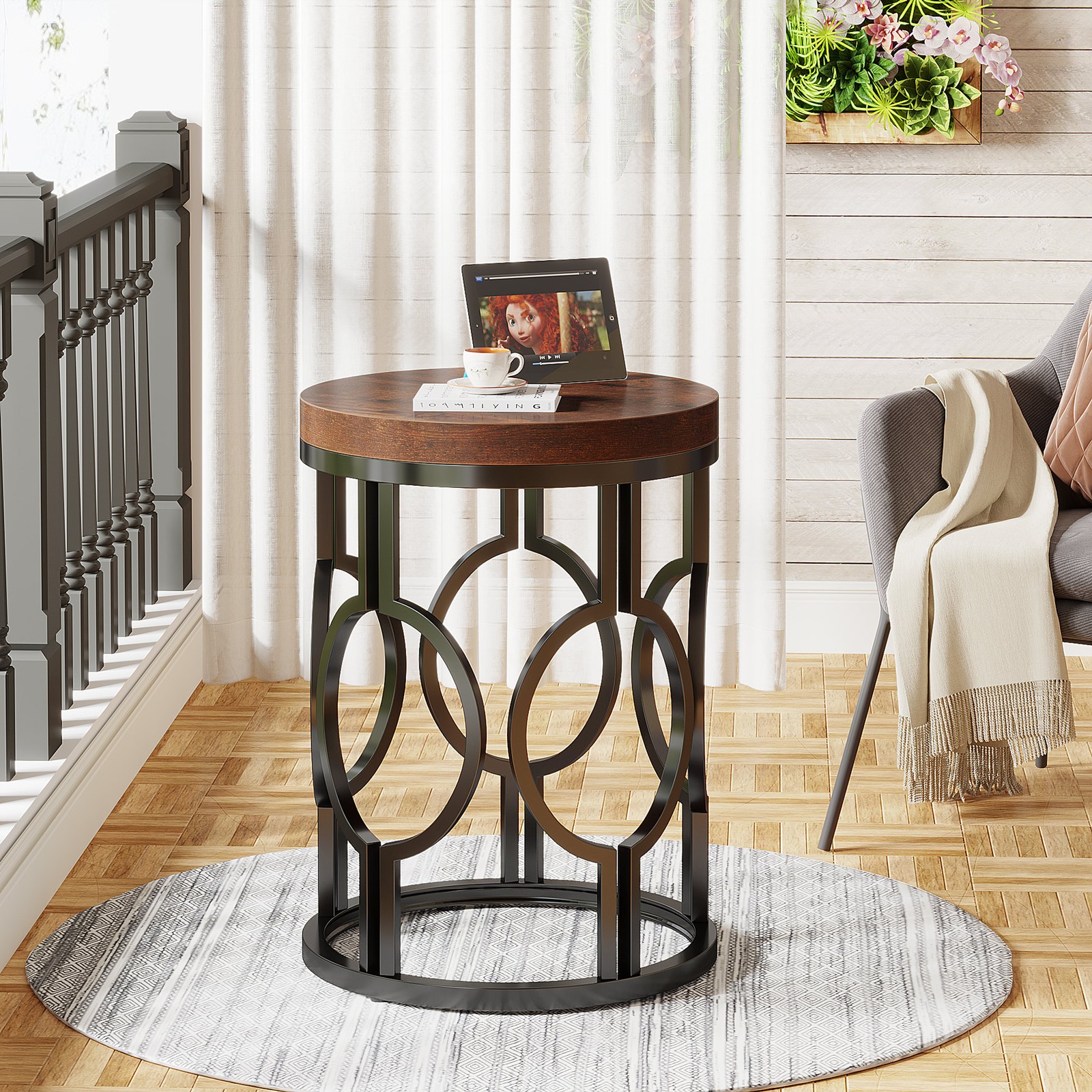 Round End Table, Industrial Side Table Small Bedside Table w/ Metal Hollow Frame