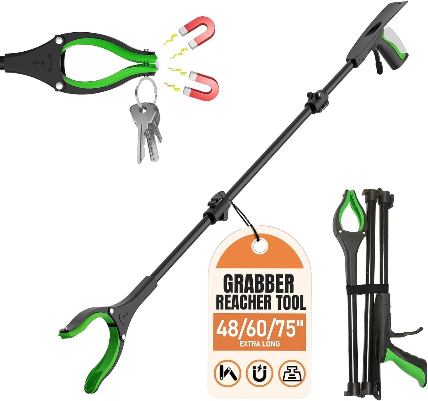 Extra Long Grabber Reacher Tool, 60" Aluminum Foldable Reacher Grabber, Dual ...
