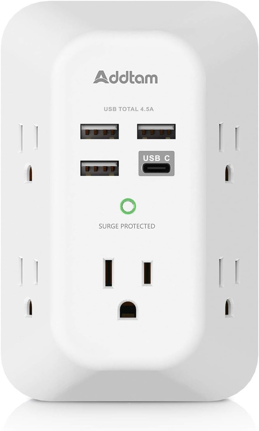 Compact 5-Outlet USB Wall Charger with 1800J Surge Protection for Travel & Home