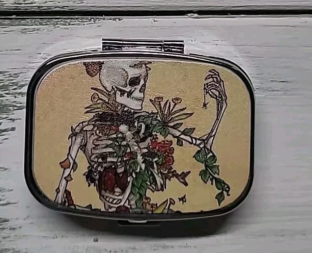 Skeleton Pill Box Decorative Case ,Metal Travel gift organizer.