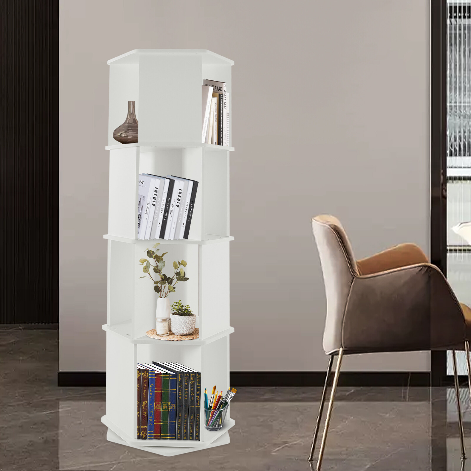 4-Tier Rotating Bookshelf 360�� Display Floor Standing Revolving Bookshelf