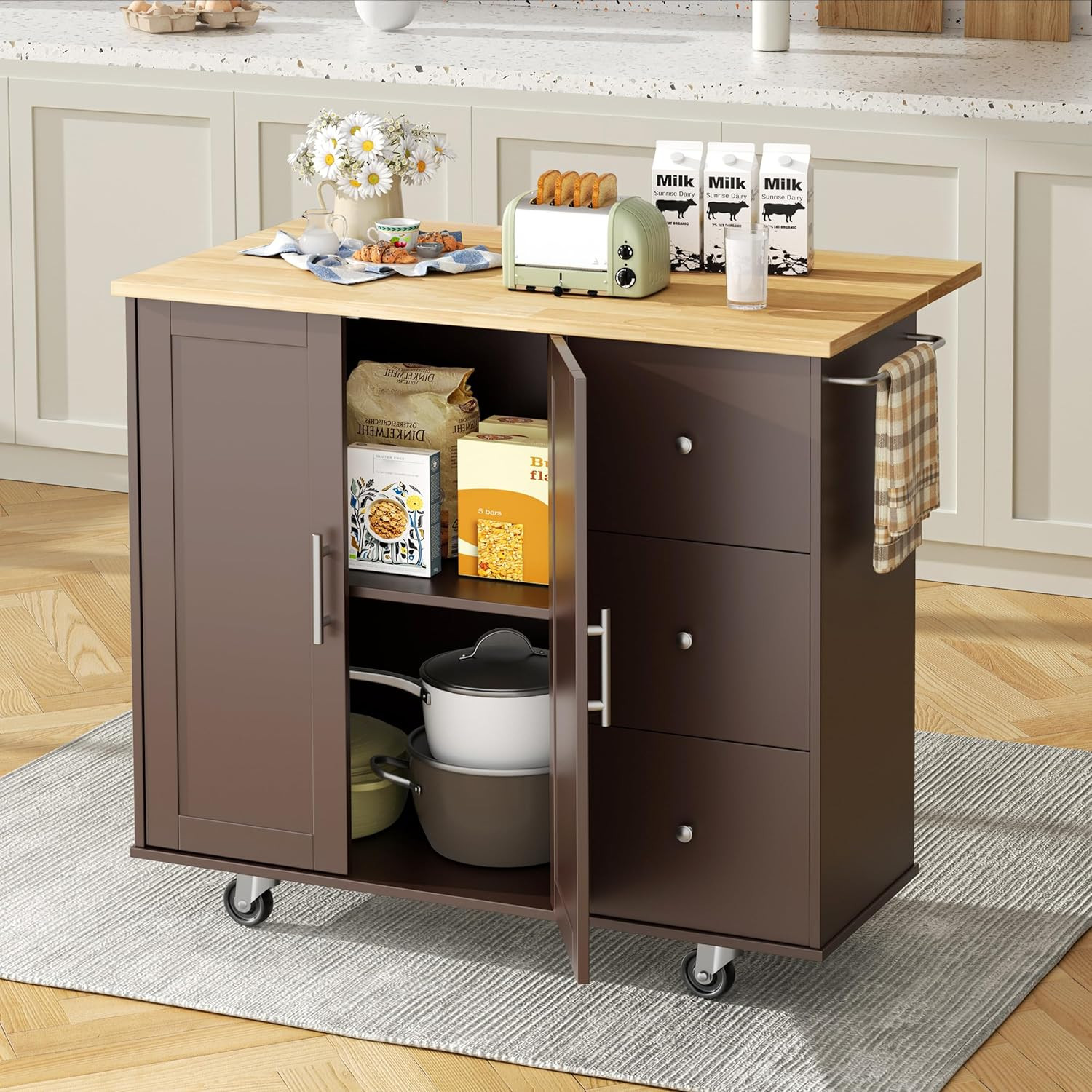 Kitchen Island with Folding Drop Leaf, Rolling Island Table with Storage, Kitche