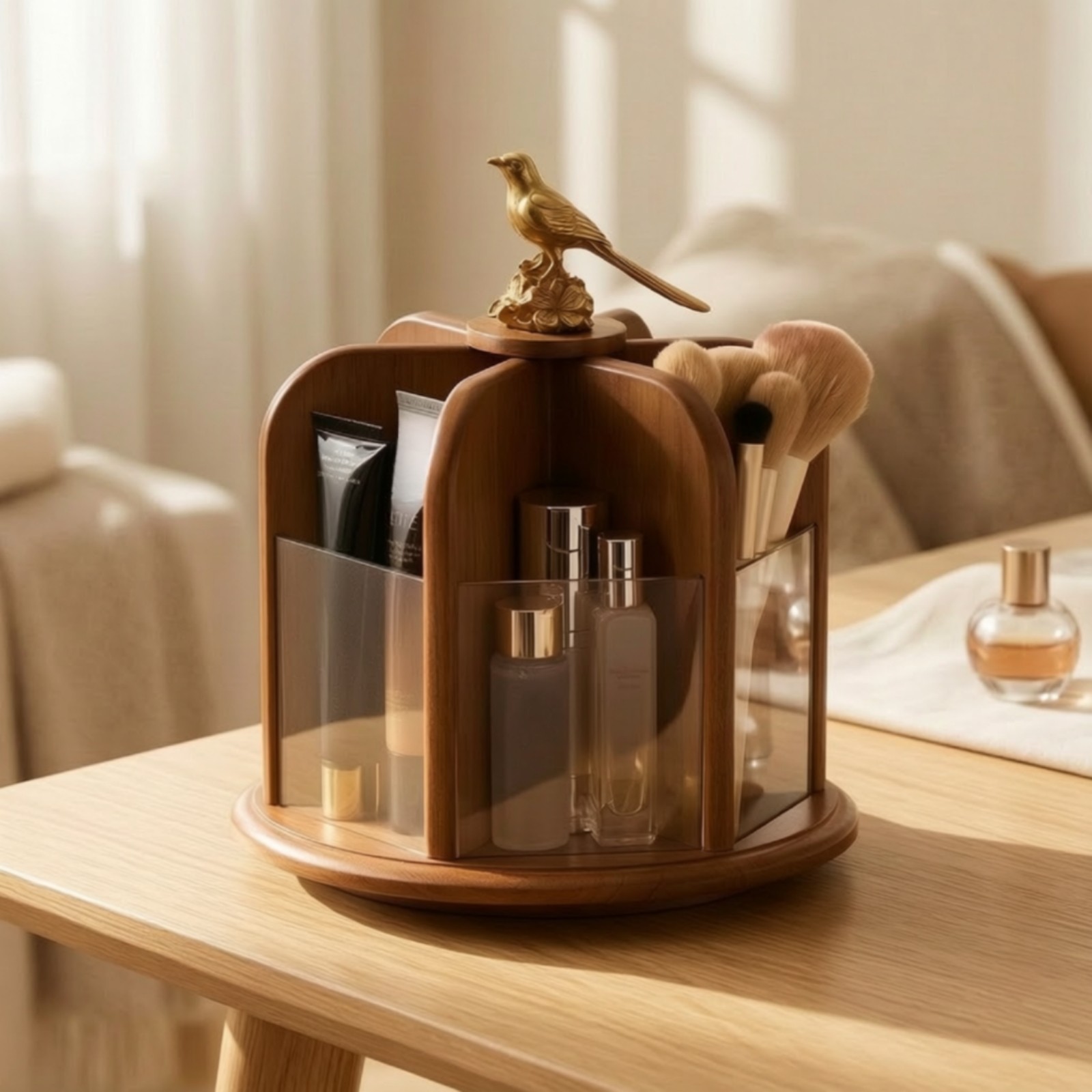 Rotating Makeup Organizer Tabletop Makeup Turntable with Bird Decoration
