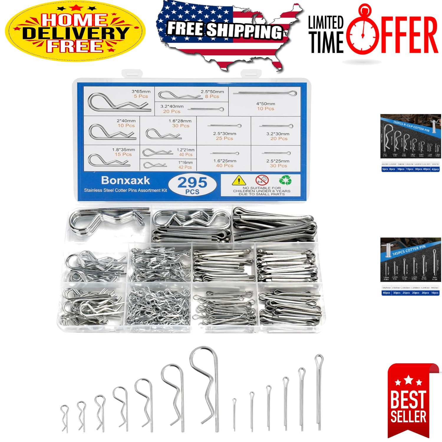 Versatile Cotter Pin Set with 13 Sizes - Heavy-Duty Stainless Steel for Trailers
