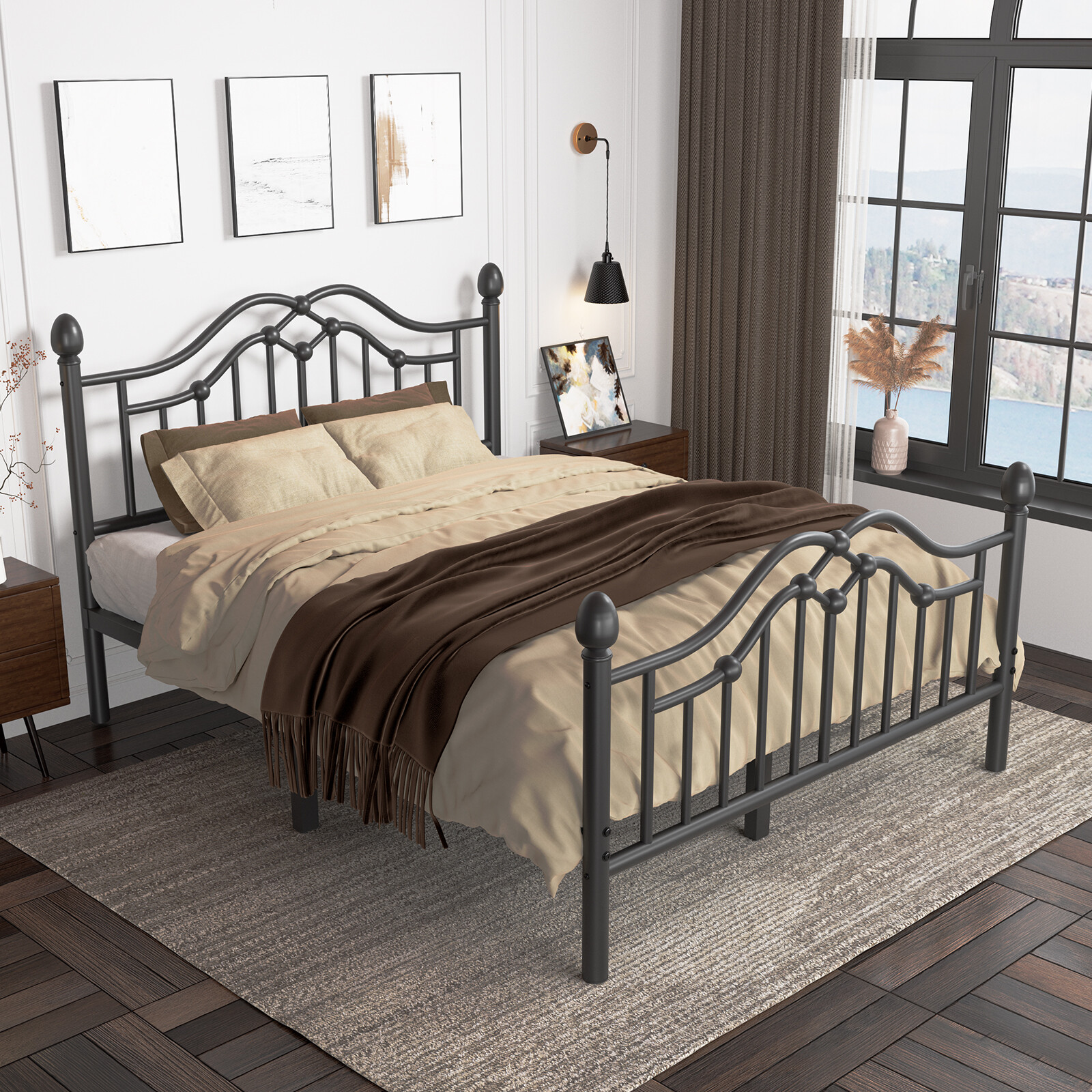 Full/Queen Size Metal Platform Bed Framewith Headboard and Footboard