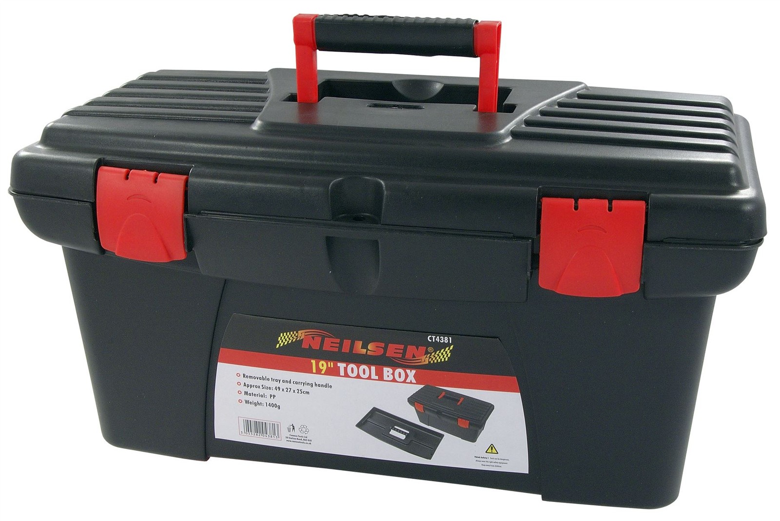 19in Plastic Portable Tool Box Storage Case Removable Tray Carry Handle