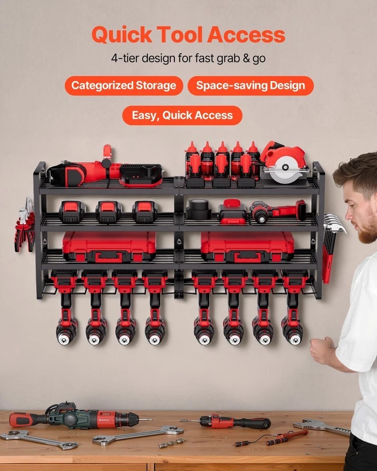 Power Tool Organizer Wall Mount 4-Layer Tool Storage Rack 8 Drill Holders